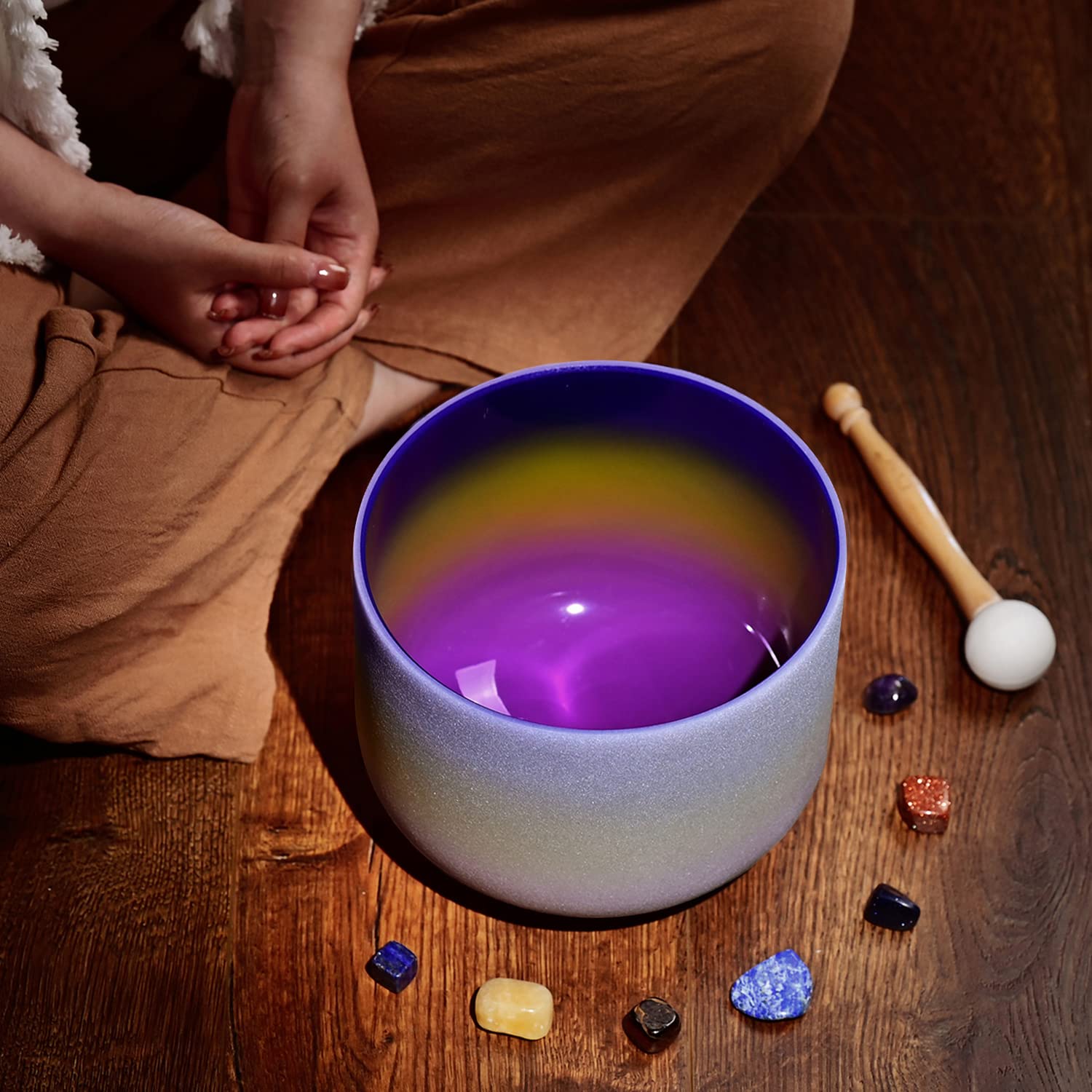CVNC 8 Inch Rainbow Color Frosted Quartz Crystal Singing Bowl 440HZ A Note