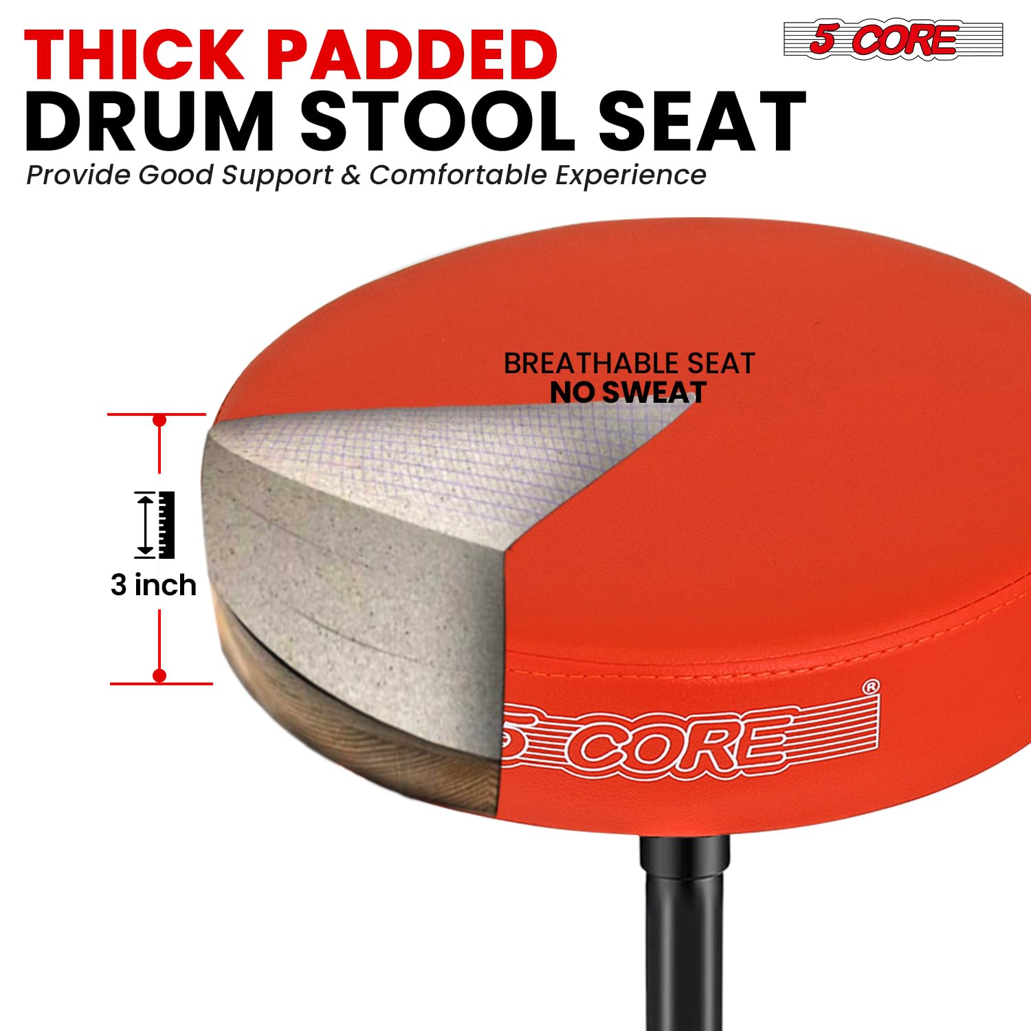 5 CORE Drum Throne Thick 3″ Padded Drum Seat Height Adjustable Drumming Stools with Anti-Slip Feet Musician Chair for Adults and Kids Drummers Orange – DS 01 ORG