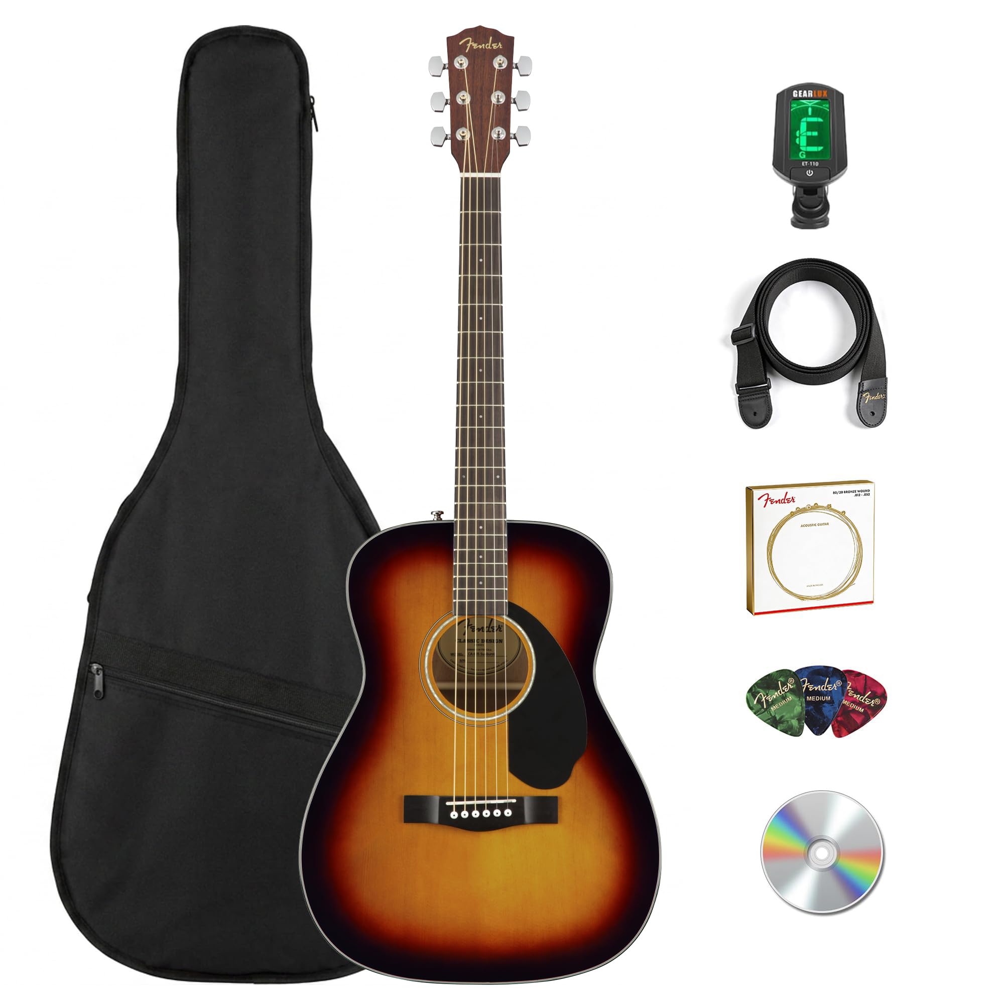 Fender CC-60S Solid Top Concert Acoustic Guitar – Sunburst Bundle with Gig Bag, Tuner, Strap, Strings, Picks, and Austin Bazaar Instructional DVD