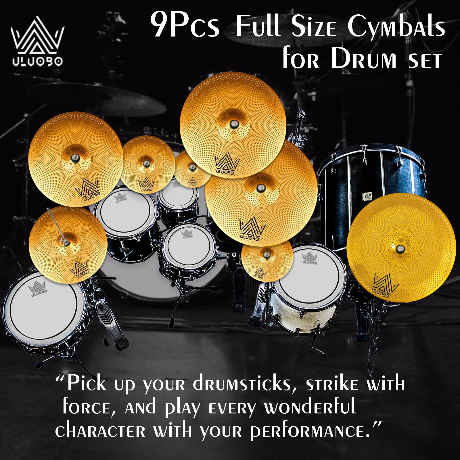ULUOBO Low Volume Cymbal Pack, 9 Pieces Silent Cymbals, Quiet Cymbals Set for Drummer Practice, 6/8/10”Spalsh+14”Hihat+16″Crash+18”Crash+18”China+20″Ride, Gold