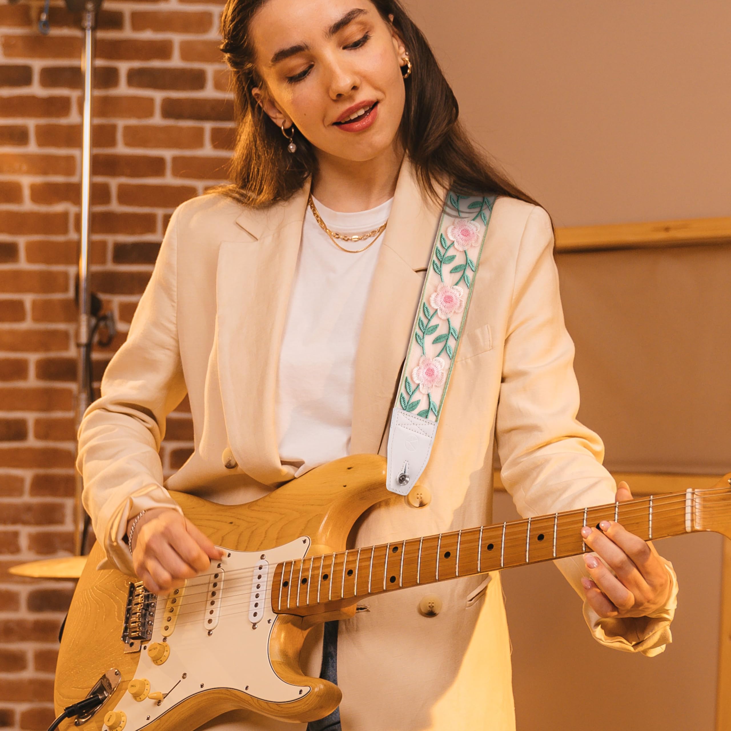YIKOKO Guitar Strap, Head Layer Cowhide Leather End, 2 Inches Wide, for Acoustic and Bass Electric Guitars, Free Button, 2 Strap Locks and 4 Guitar Picks