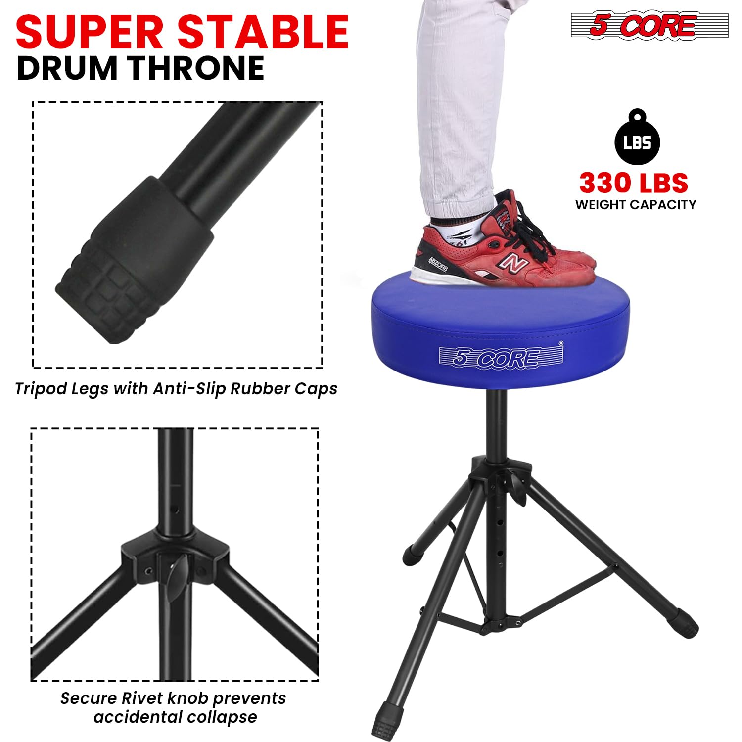 5 CORE Drum Throne Thick 3 Inch Padded Drum Seat Height Adjustable Drumming Stools with Anti-Slip Feet Drummers Chair for Practice and Performance Blue – DS 01 BLU