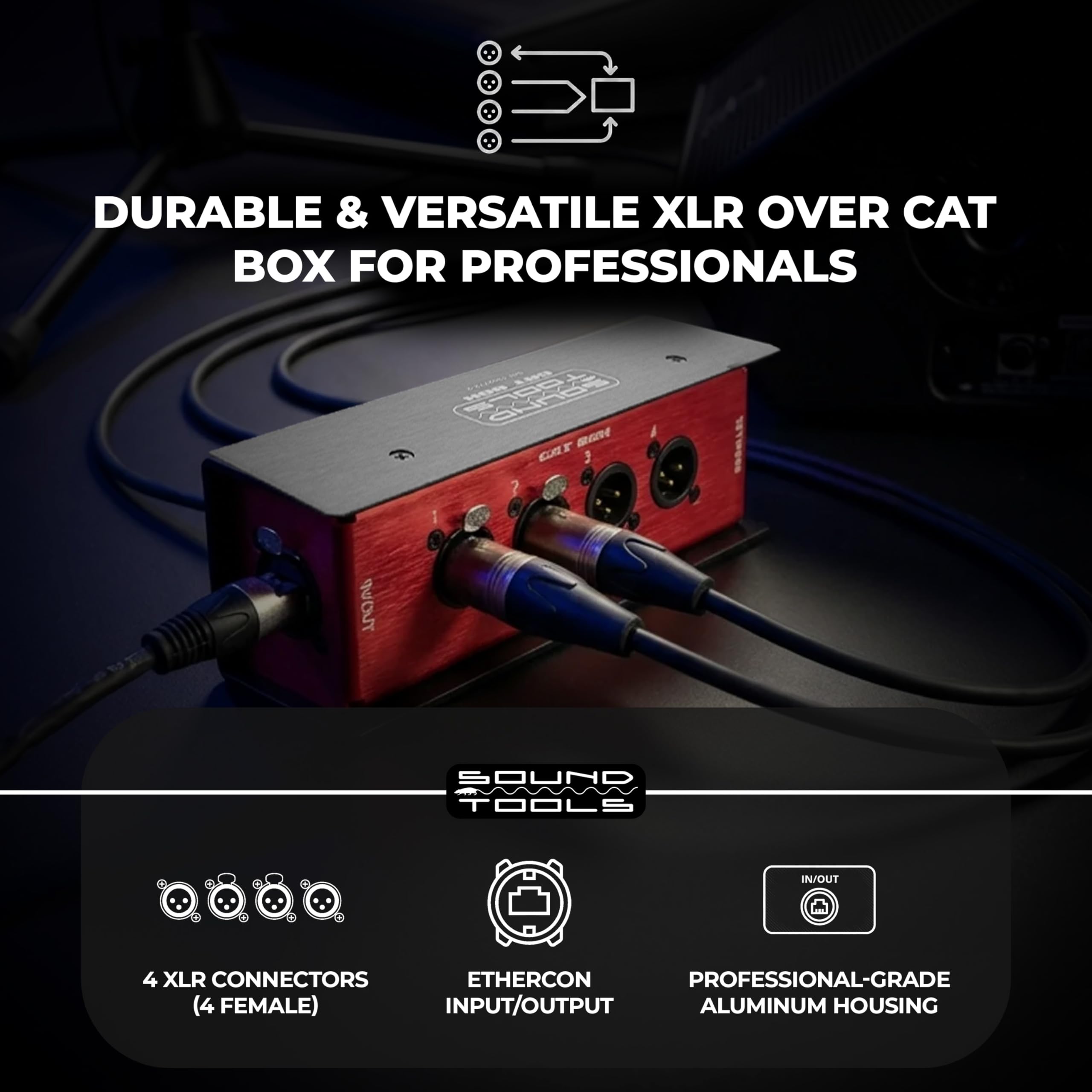 Sound Tools CAT Box FX – 4 Female with Passive Analog Audio for etherCON Daisy Chain – 4 Channel XLR Over CAT5e Stage Box – DMX, COM, AES & 3-pin XLR Compatible – Rugged Aluminum Housing