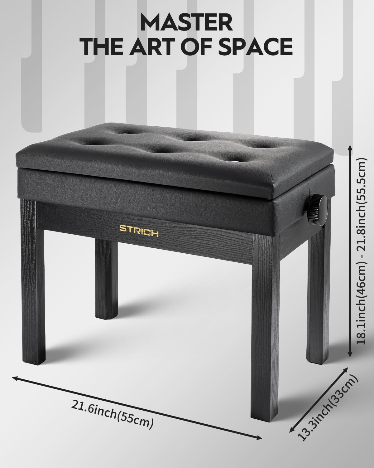 STRICH Adjustable Piano Bench with Storage, Wooden Keyboard Bench with Bookcase Stool Chair Seat with High-Density Sponges Cushion for Piano Shop Music School Studio, Black, SPB-20