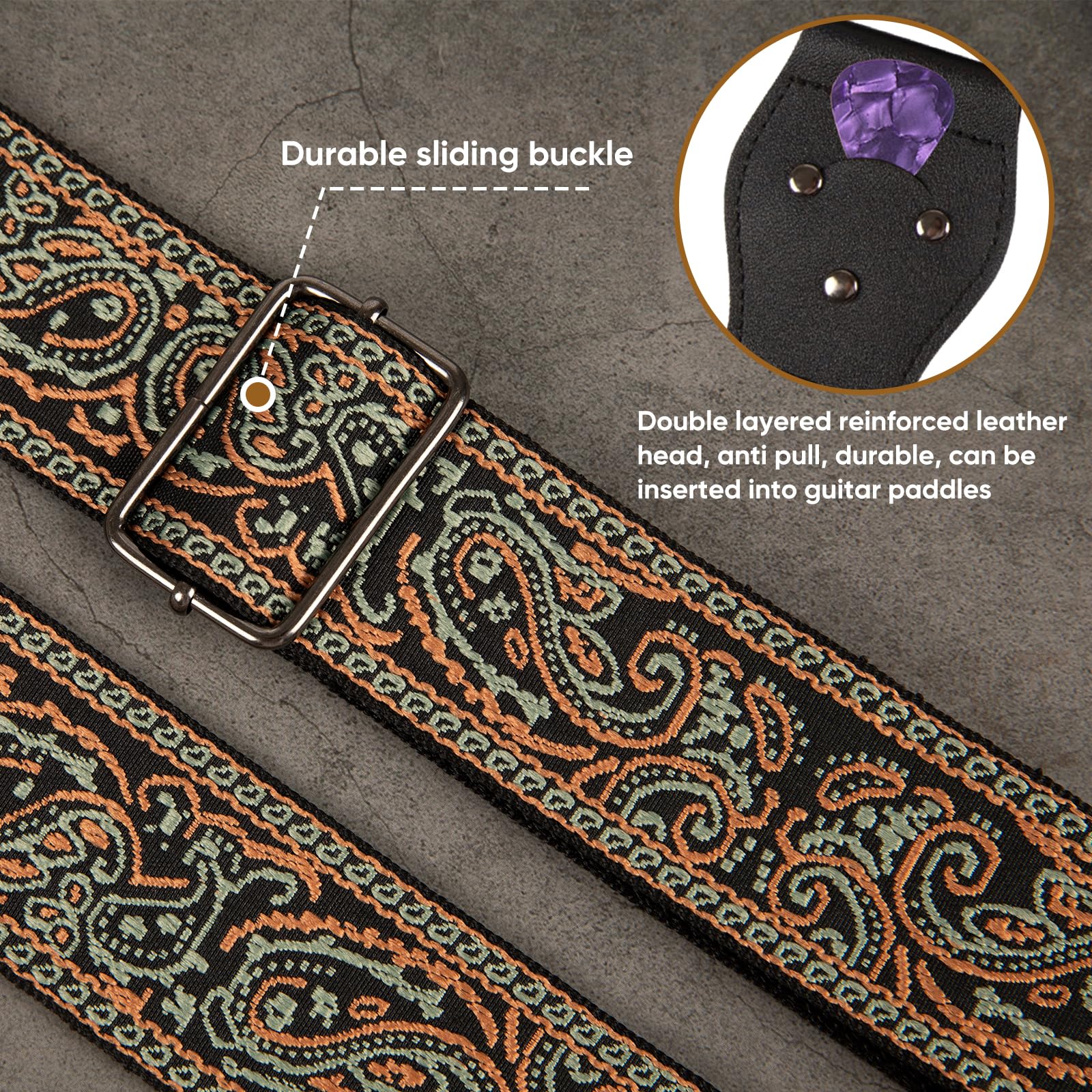JIPIS Embroidered Cotton Guitar Strap – Adjustable Length with Anti Slip Buckles, 3 Guitar Picks (GS-08-3 Military Green Embroidery)