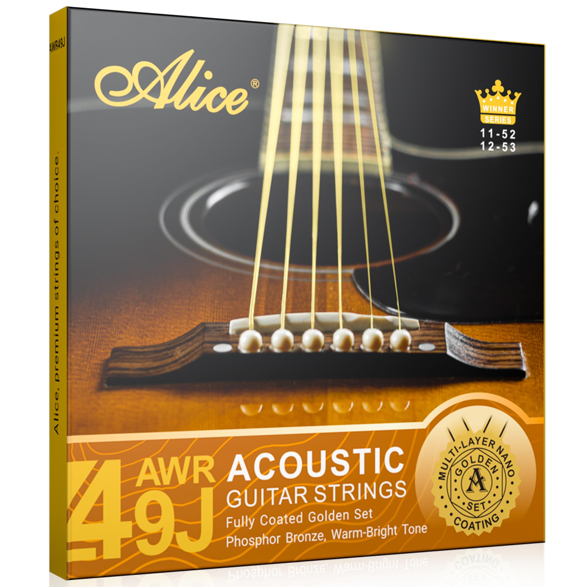 Alice Acoustic Guitar Strings 6 String Set | Designed for Professional Concerts | Multi-layer nano-coating | Fully Coated Golden | Phosphor bronze for Classic Warm and Bright tone | Super Light 1 Pack