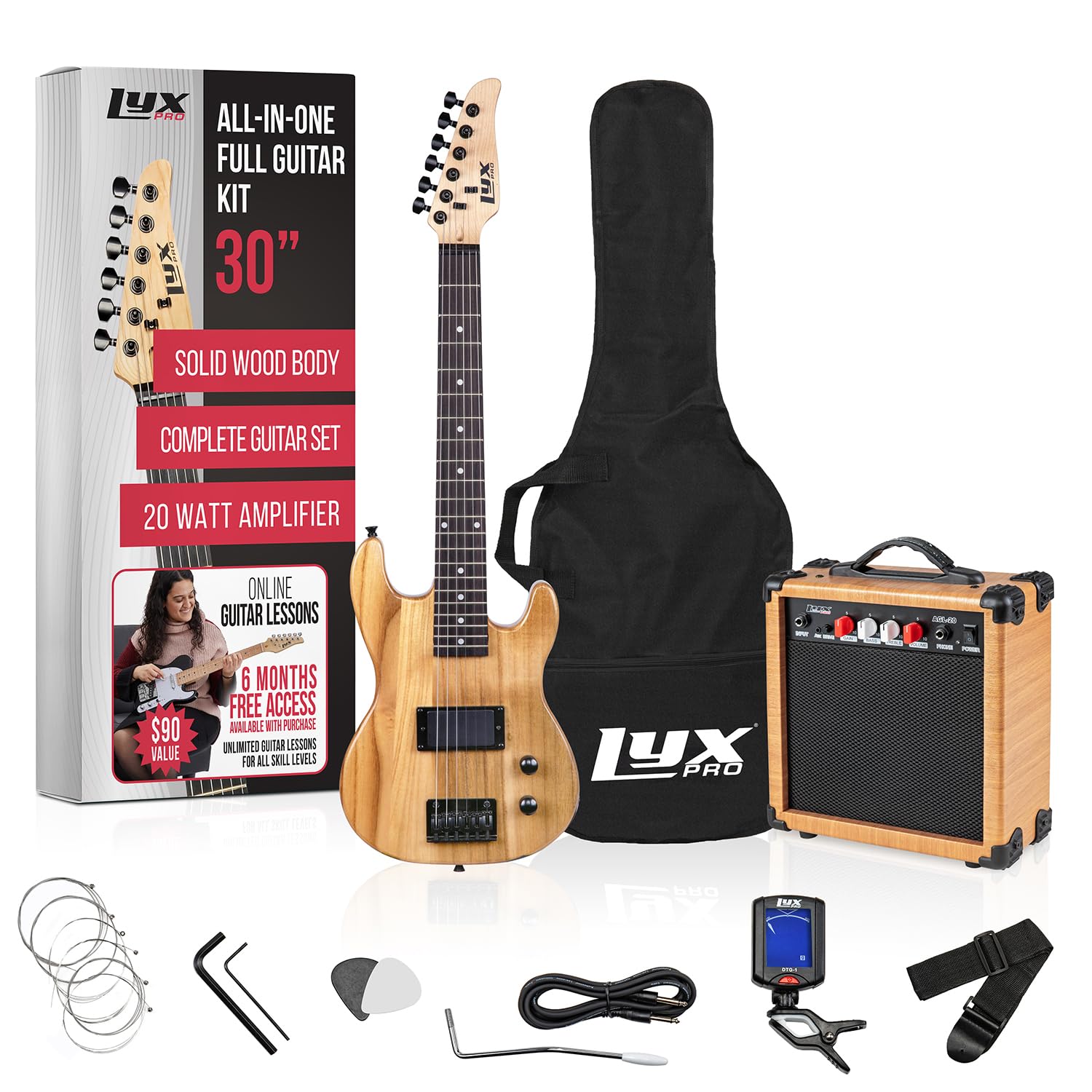 LyxPro 30 Inch Electric Guitar and Starter Kit for Kids with 3/4 Size Beginner’s Guitar, Amp, Six Strings, Picks, Shoulder Strap, Digital Clip On Tuner, Guitar Cable and Soft Case Gig Bag – Natural