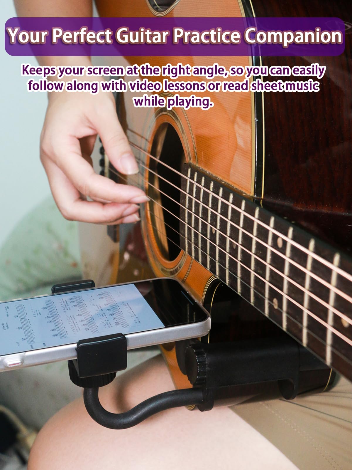 Rubierine Guitar Phone Holder, Digital Sheet Music holder, Phone Clip Mount Fit for 6-10cm Thick Guitars& Ukulele, Practical Guitar Accessories for Watching Tutorials & Tabs While Playing, Easy Setup