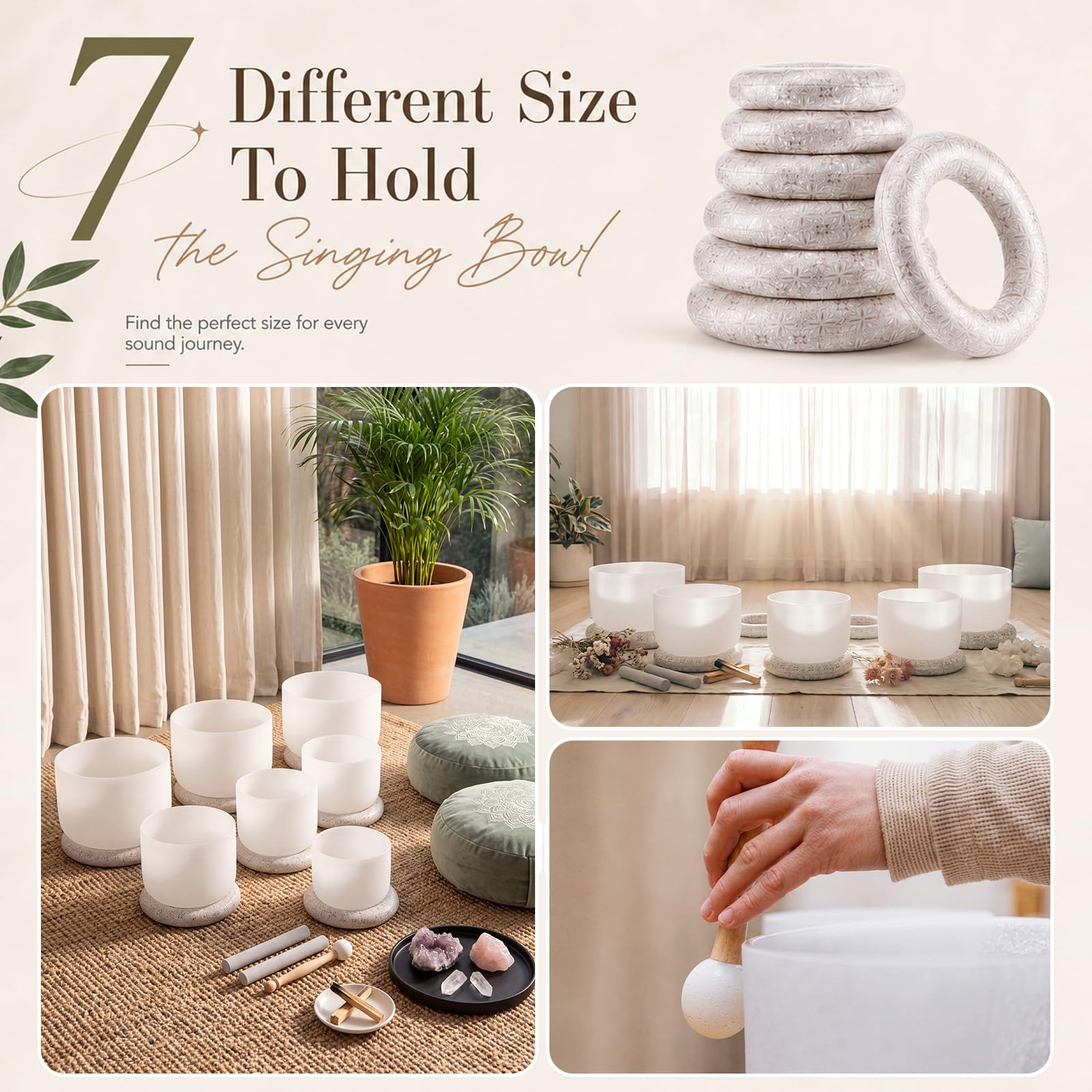 Fiada Singing Bowl Cushion Set, 7 Silk Rings & 3 Mallets, 6-12″, Silver