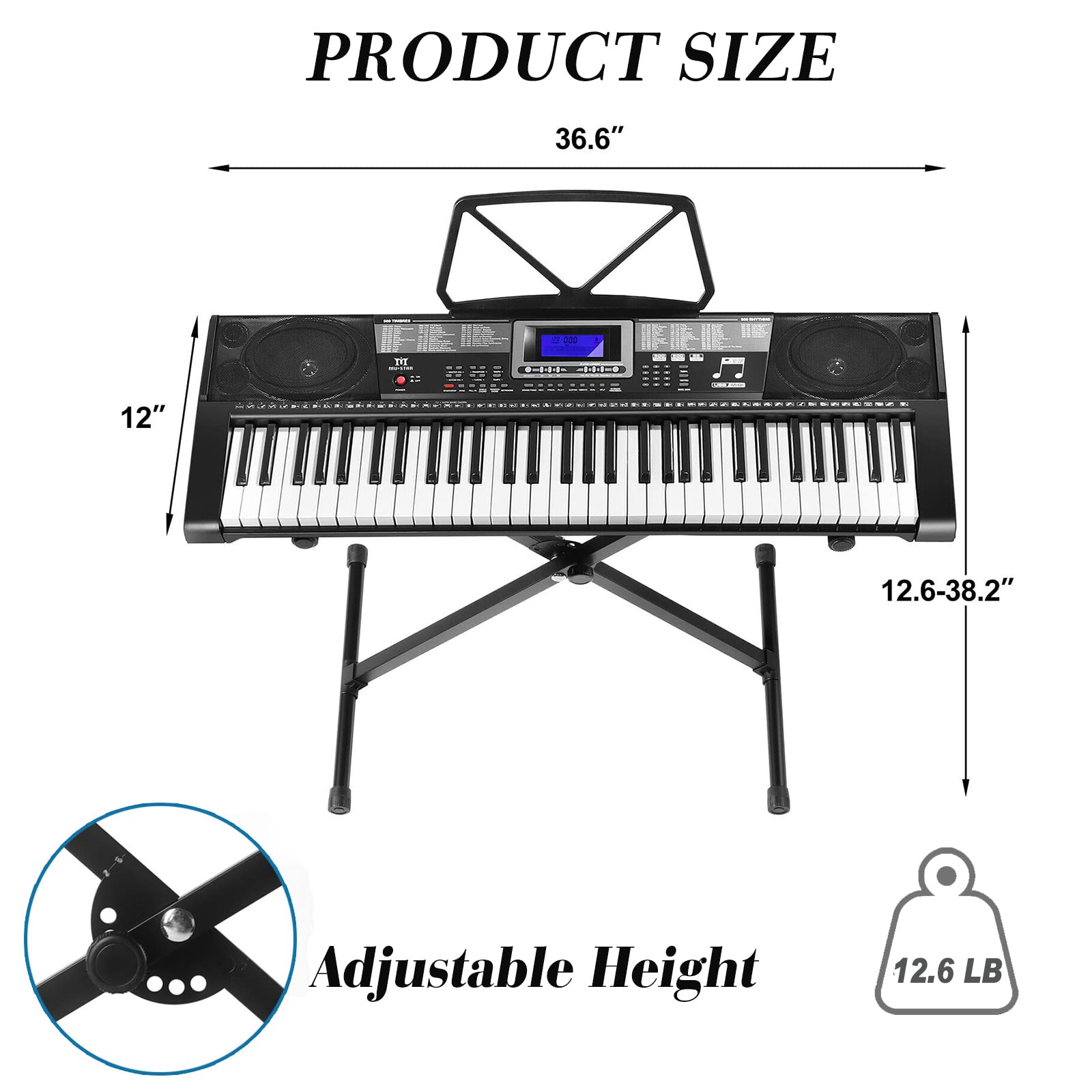 MUSTAR Piano Keyboard, 61 Key Keyboard Piano with Lighted Up Keys, Electric Piano Portable Piano Keyboard for Beginners with Stand, Sustain Pedal, Headphones, Microphone