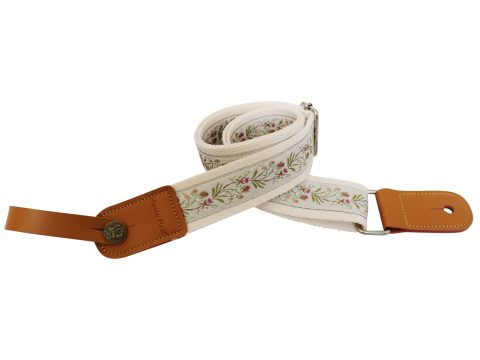 MUSIC FIRST Original Design Vintage Floral Embroidered & Genuine Leather Ukulele Strap Ukulele Shoulder Strap With a Genuine Leather Strap Locker (Creamy White Floral)