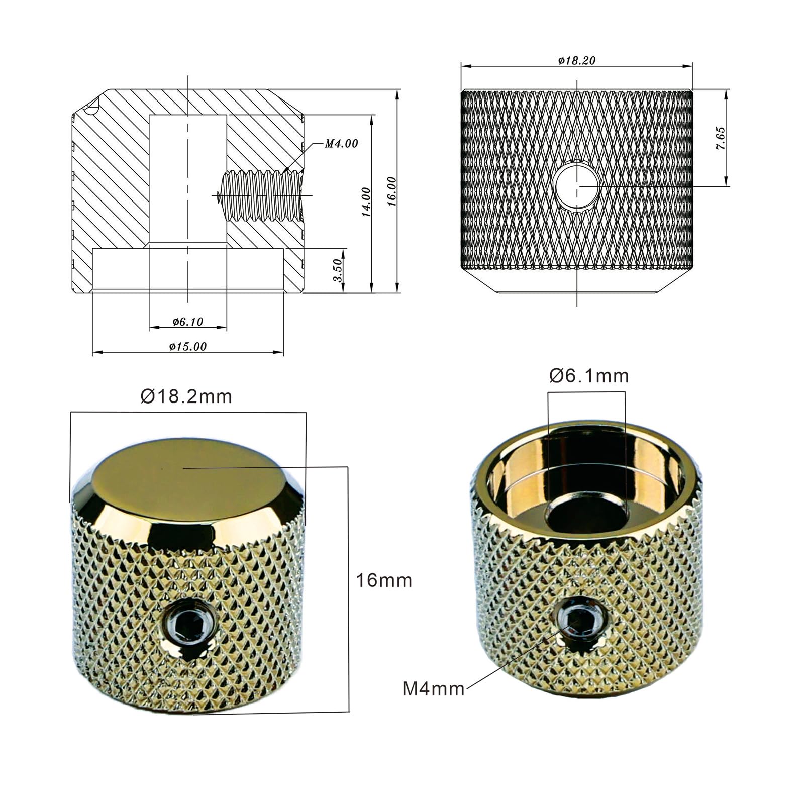 OVSAL 3Pcs Aluminum Alloy Electric Bass Guitar Knobs Speed Control 6.1mm(15/64″) Potentiometer Shaft Dome Metal Volume Tone Knobs for Electric Bass Guitar Replacement Parts (Gold)