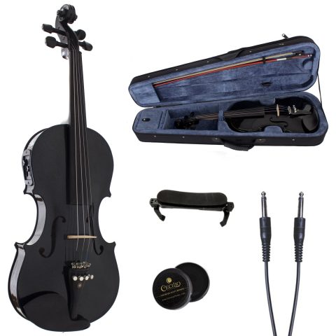 Cecilio 4/4 Full Size Acoustic & Electric Violin for Beginners & Professionals, Hand-Carved Solid Spruce Top, Ebony Fine Tuners, Full Set with Case, Bow, Rosin & AUX Cable (Metallic Black)