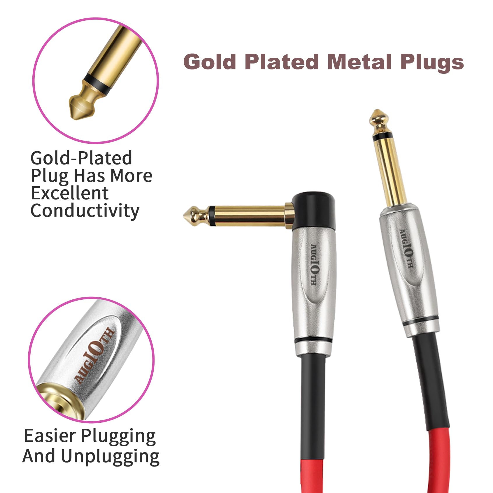 Augioth Curly Guitar Cable 10ft 2Pack Red