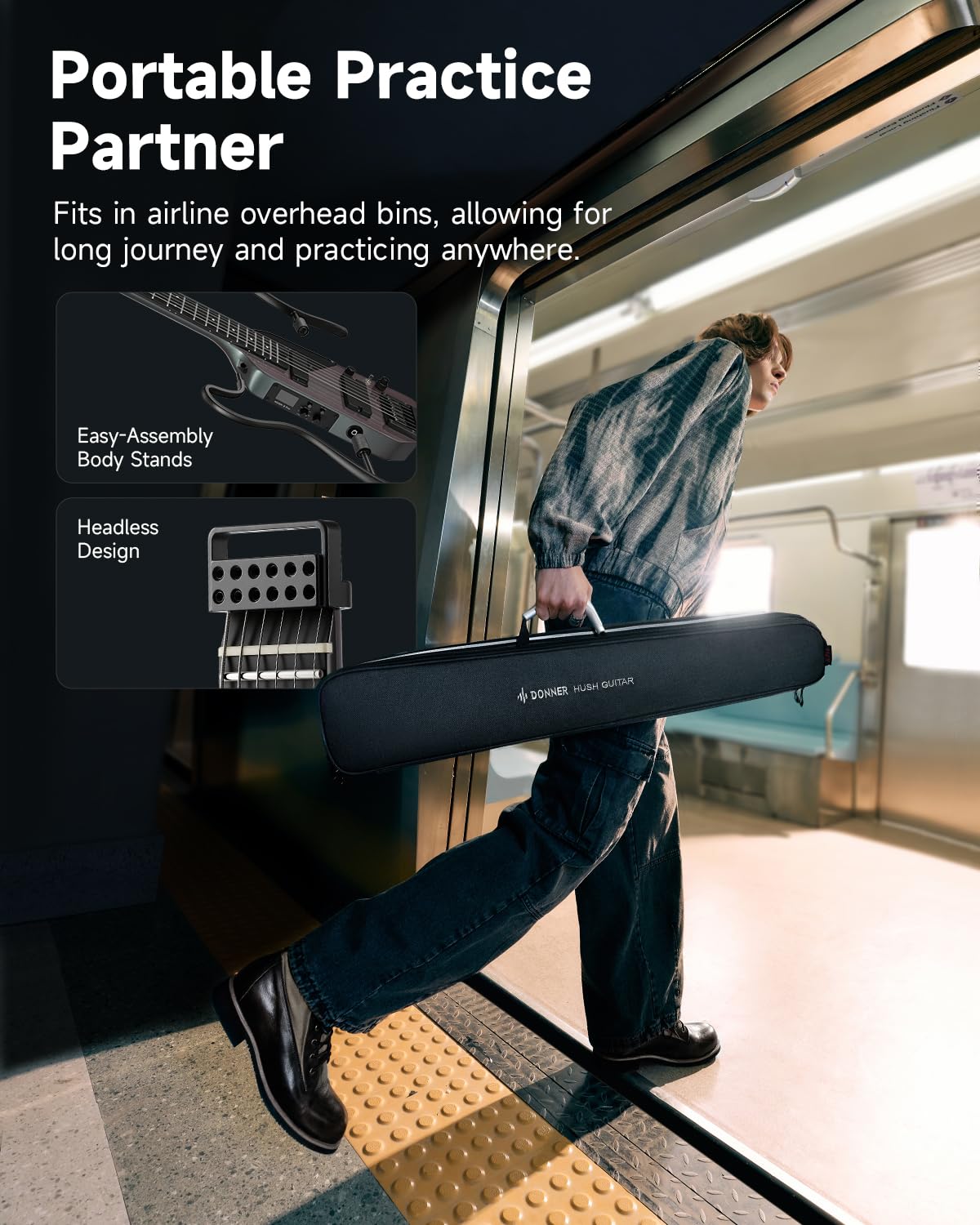 Donner HUSH X PRO Electric Guitar Kit – Smart Travel Guitar with Dozens of Preset Combinations, 7 Tone Sim Options, Midnight Glow