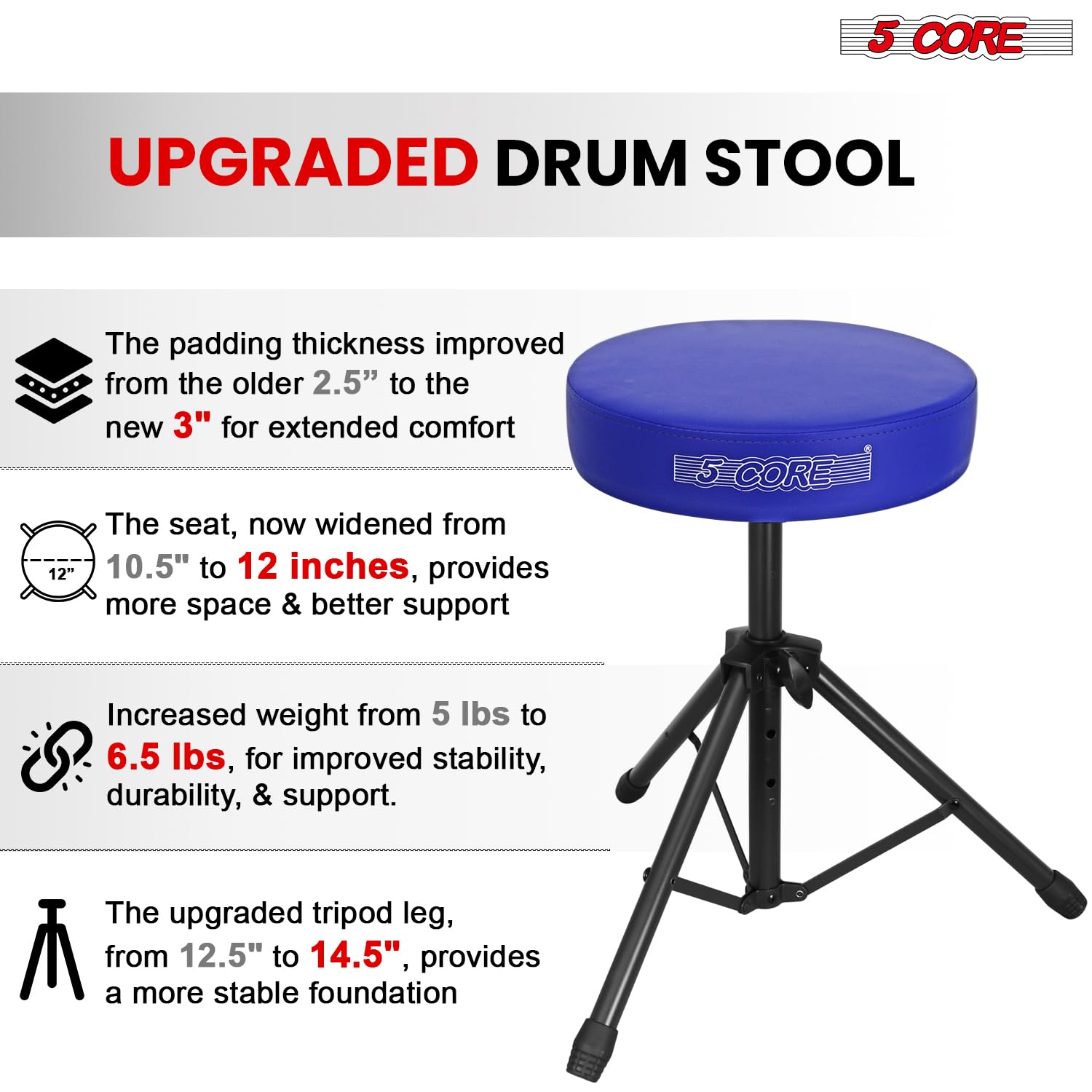 5 CORE Drum Throne Thick 3 Inch Padded Drum Seat Height Adjustable Drumming Stools with Anti-Slip Feet Drummers Chair for Practice and Performance Blue – DS 01 BLU