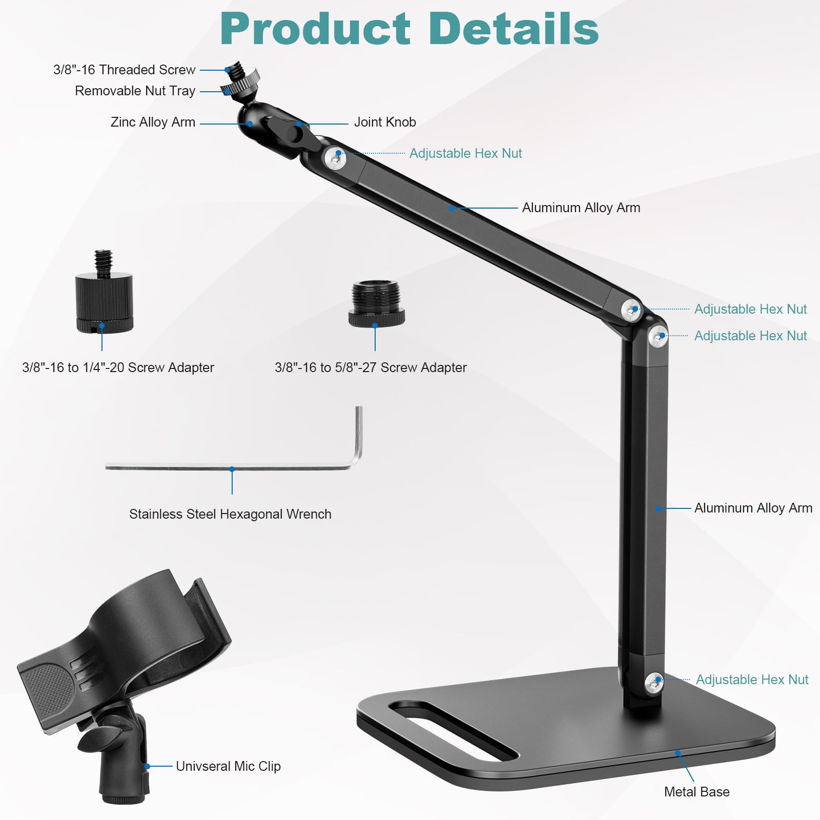 Mippko Desk Microphone Mic Stand, Adjustable Height Table Microphone Stand with Universal and Shock Mount Mic Clip, one 3/8″-16 Female to 5/8″-27 Male Adapter for Blue Yeti/BlueSnowball/SoloCast