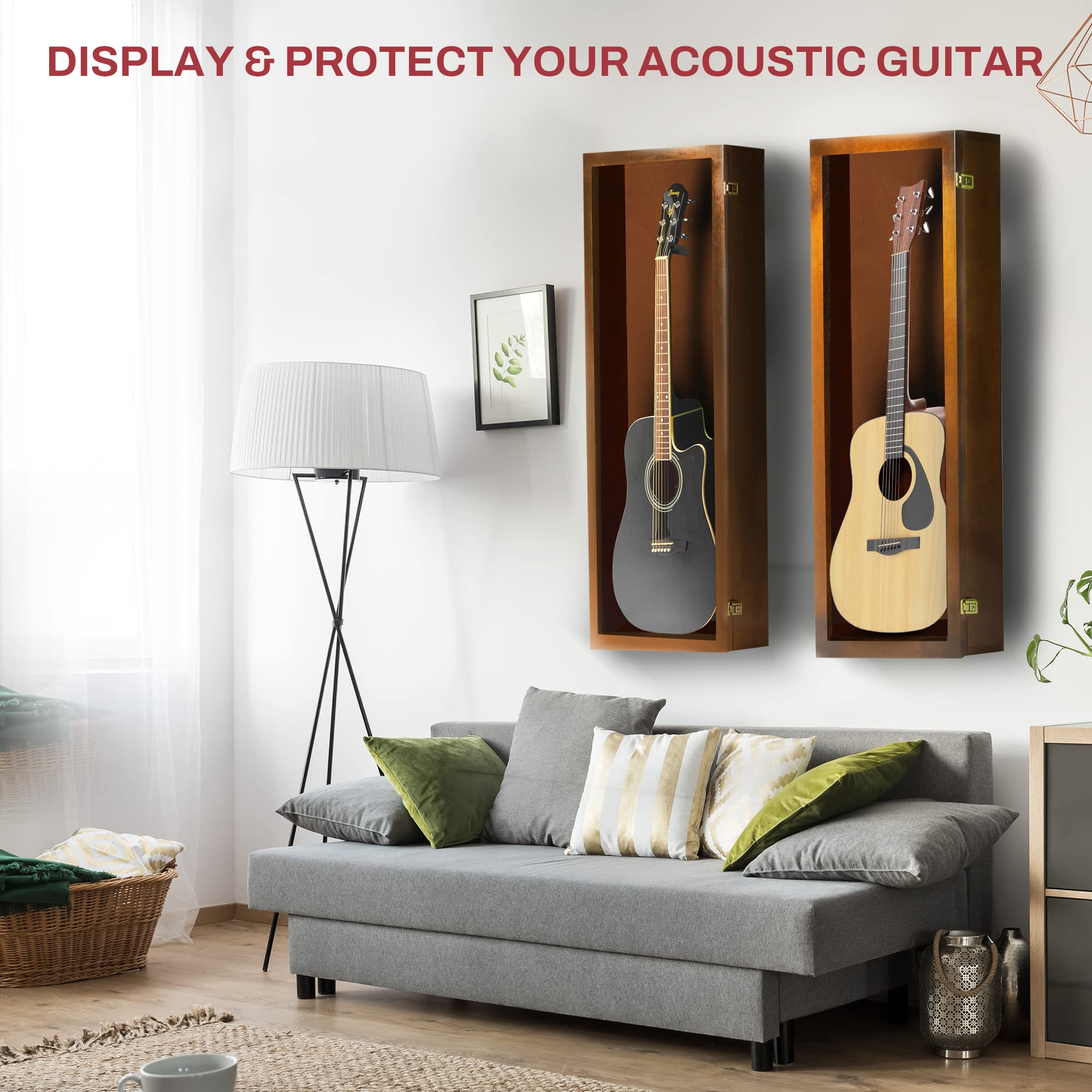 PENNZONI Acoustic Guitar Display Case – Acrylic Acoustic Guitar Case – Guitar Display Case Wall Mount Made from Hardwood Frame & Clear Acrylic – Walnut w/No Felt