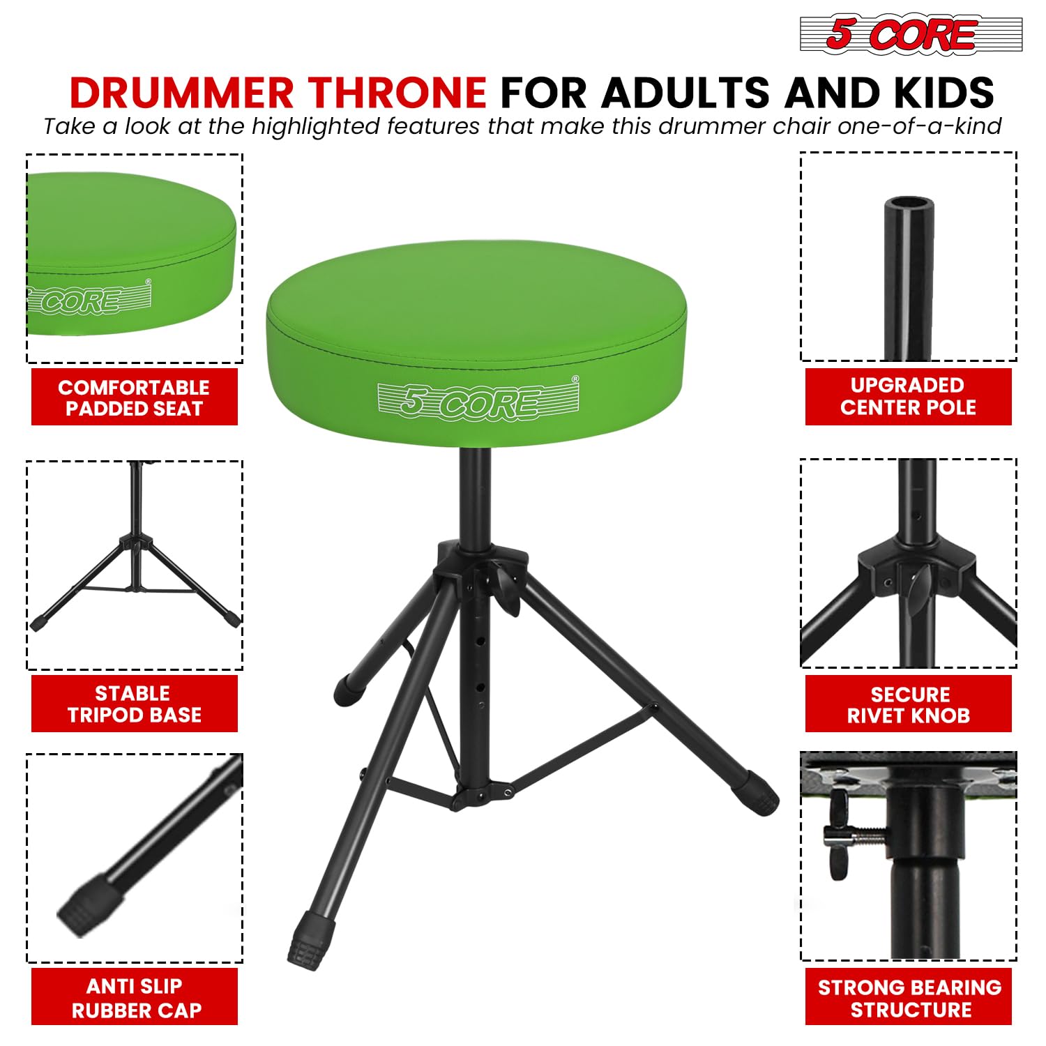 5 CORE Drum Throne Padded 3″ Seat Adjustable Drumming Stool Green