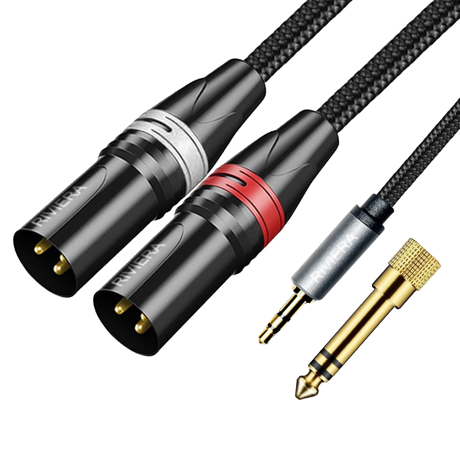 RIVIERA 10FT/3.0M Audio Cable 1/8 Inch 3.5mm Stereo TRS to Dual XLR Male Y-Splitter Adaptor Interconnect Patch Cord with Nylon Braid Aux Jacket and Sheild Wire Low Noise for Muscial Instrument
