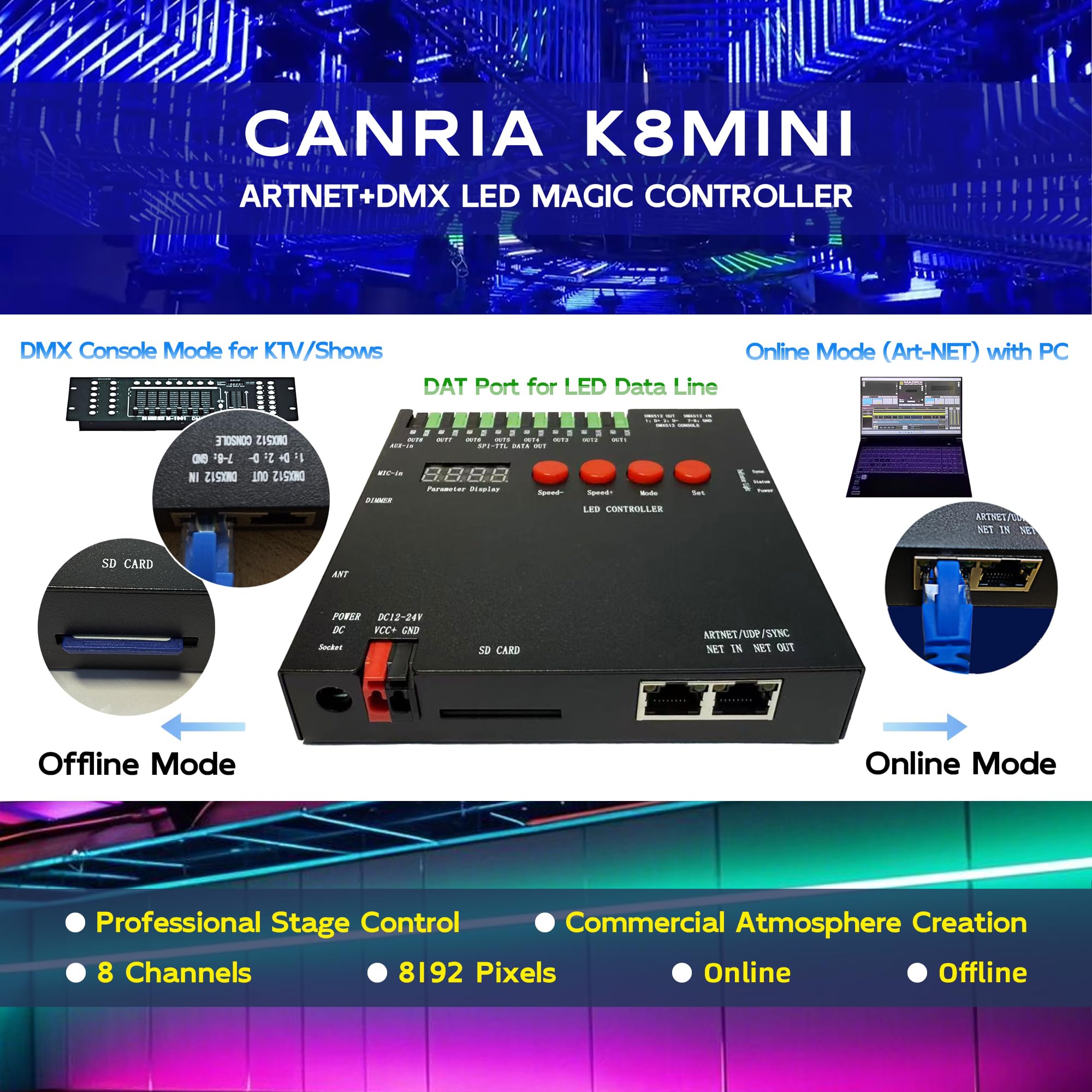 CANRIA K8MINI ARTNET+DMX Console LED Pixel Controller, for SPI-TTL LED Light, Online Offline, Addressable Programmable, 2G SD Card with 96 Program Modes and Offline Software.