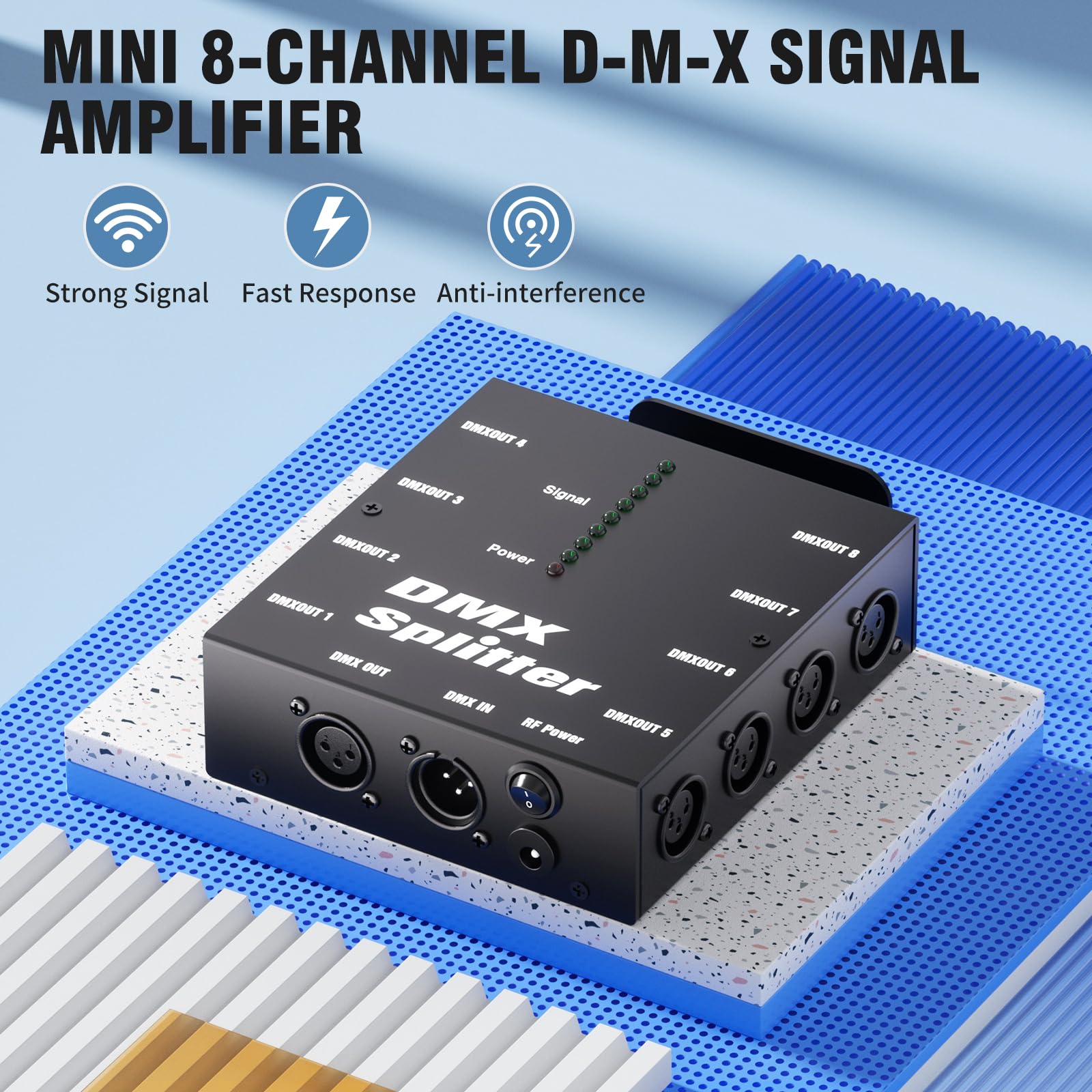 8-Way Isolated DMX512 Splitter Amplifier Distributor with 3-Pin Outputs XLR Signal Amplifier Transmitter Receiver for DJ Party LED Stage Lighting