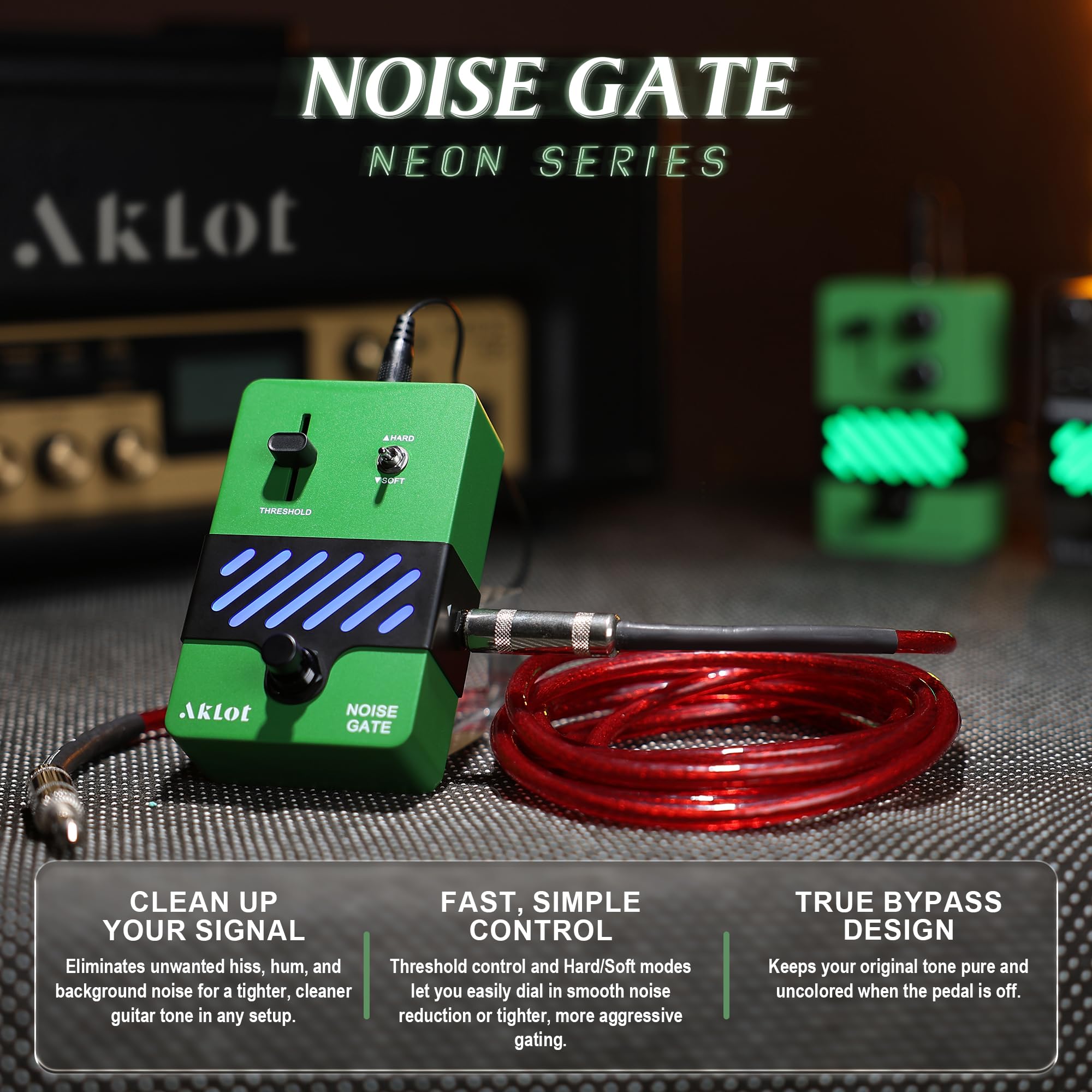 AKLOT Noise Gate Guitar Pedal: Noise Reduction Pedal with THRESHOLD Control, HARD/SOFT Modes, True Bypass Compact Metal Pedal for Electric Guitar, Riffs, Studio & Live Performance, NEON Silencer