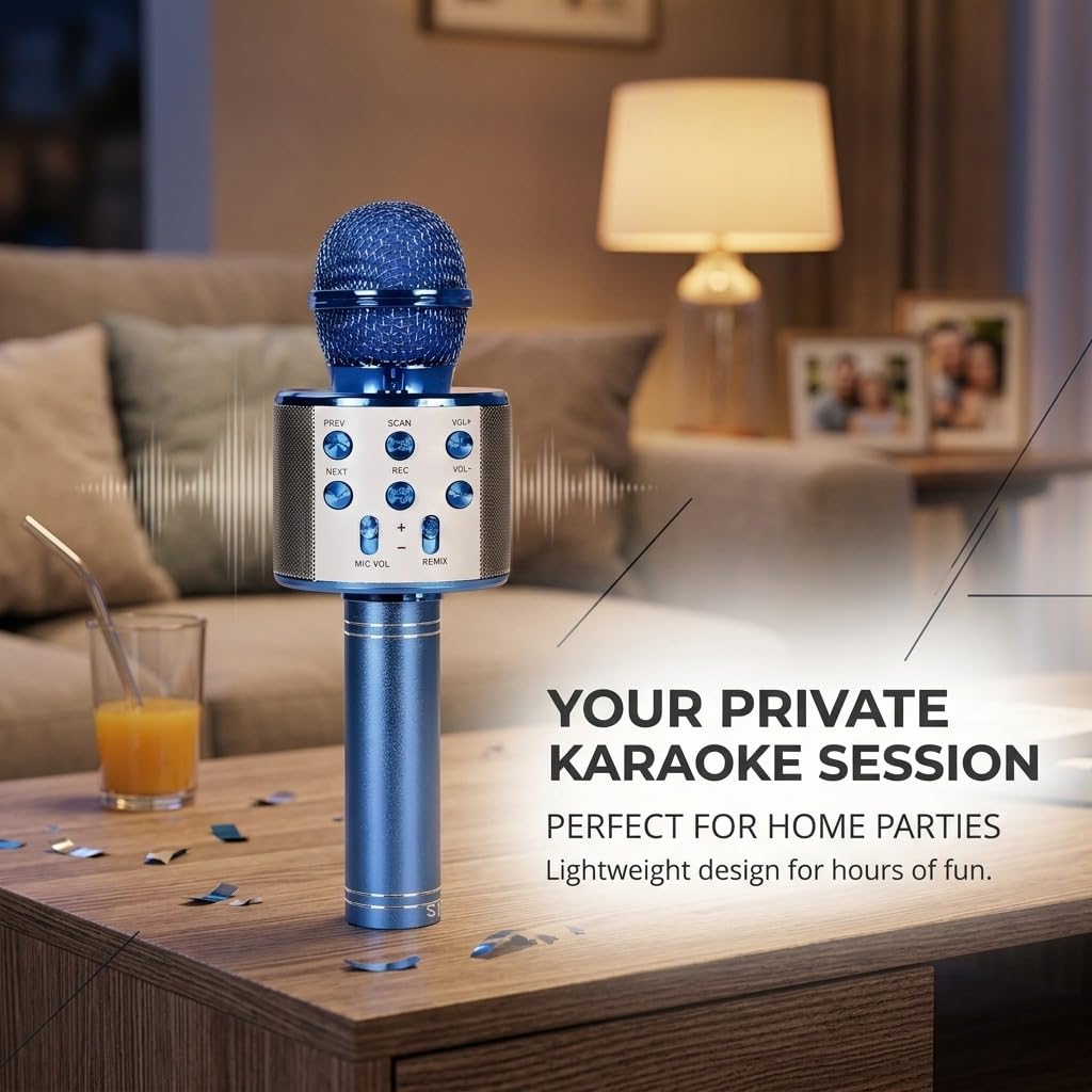 Wireless Bluetooth Karaoke Microphone Portable Handheld Mic Speaker 3-in-1 for All Smartphones Gifts Blue