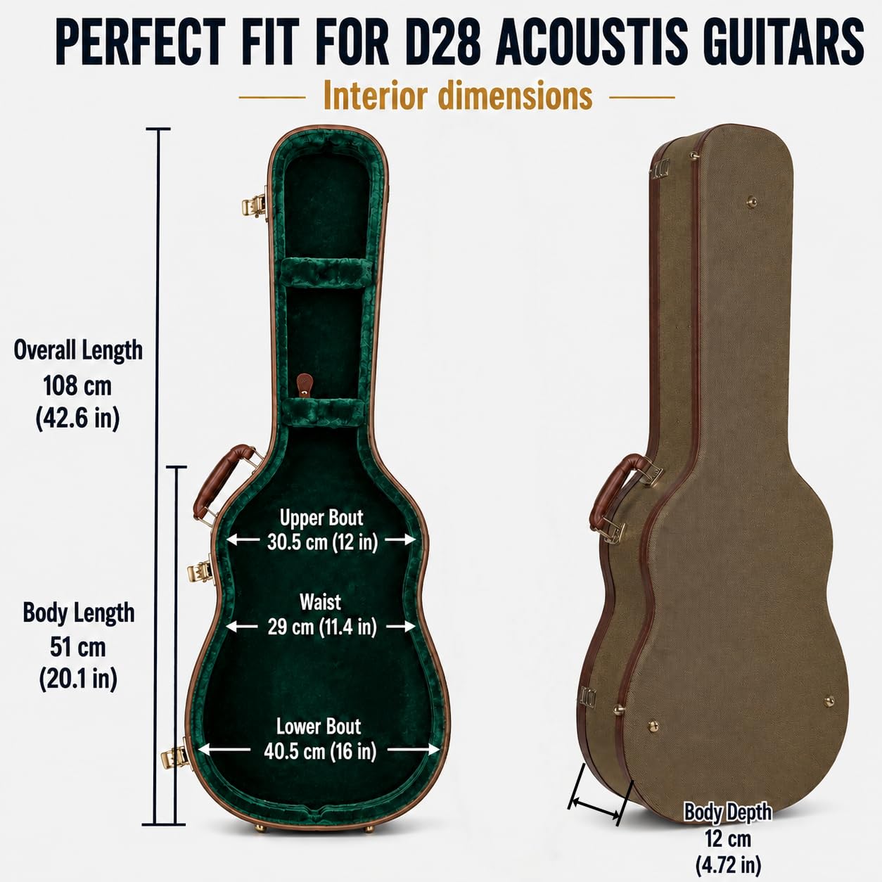 Crossrock Master Series Acoustic Guitar Case for Martin D-28 / Grand Auditorium | Olive Green Eco Tweed Fabric, Re-Engineered Shell, Leather Handle & Forest Green Velvet Interior(CRW720D28OG)