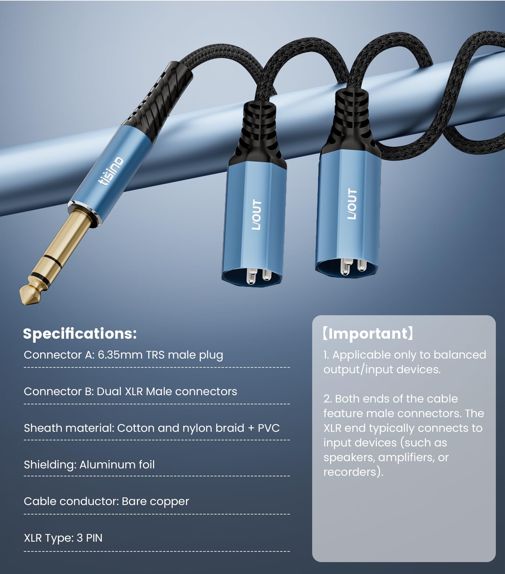 Tisino 1/4″ TRS to Dual XLR Male Stereo Y-Splitter Breakout Cable, 6.6FT