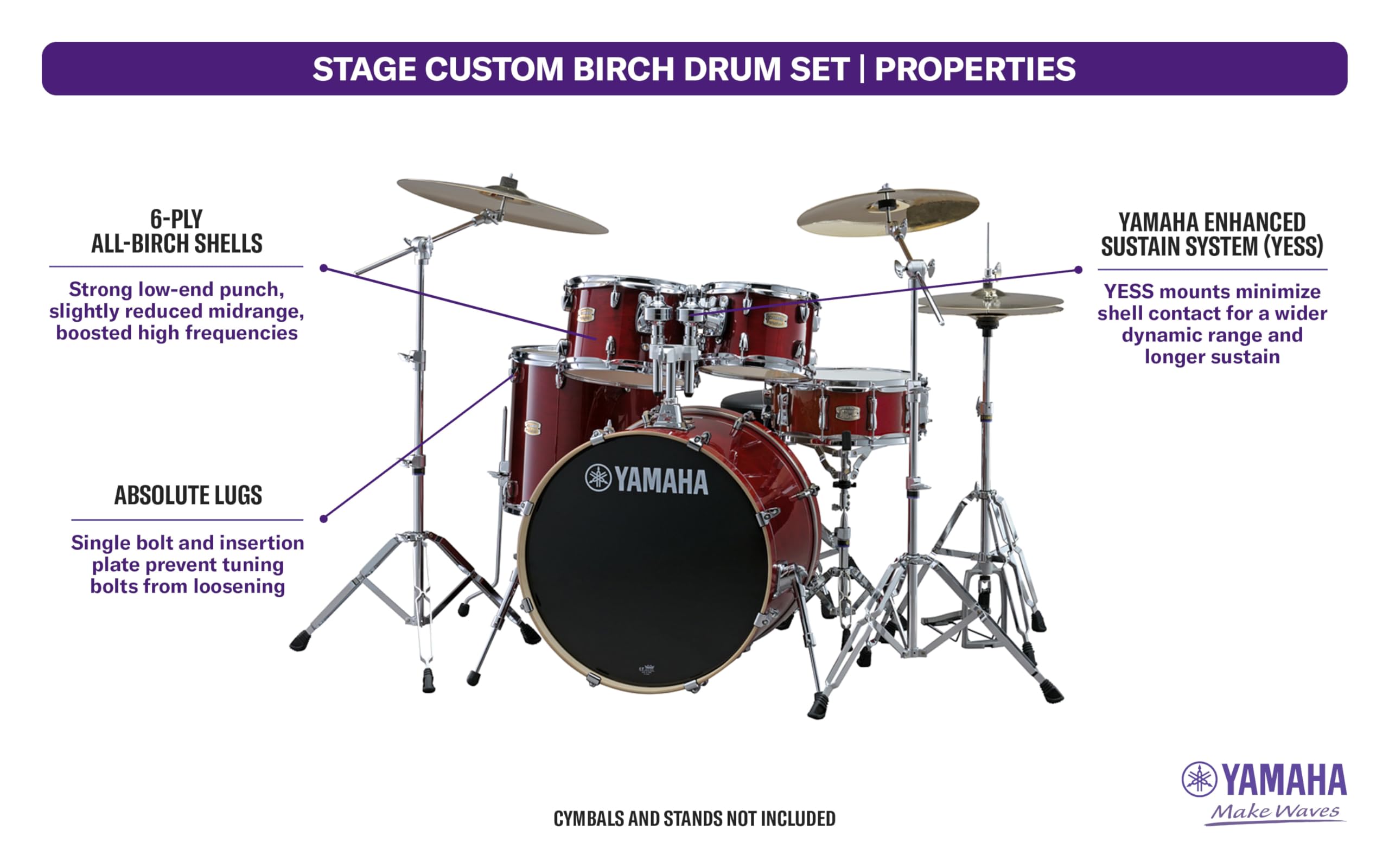 Yamaha Stage Custom Birch 5pc Drum Shell Pack With a 22″ Kick Drum and 14” Snare Drum in Cranberry Red For Students and Working Drummers (SBP2F50CR)