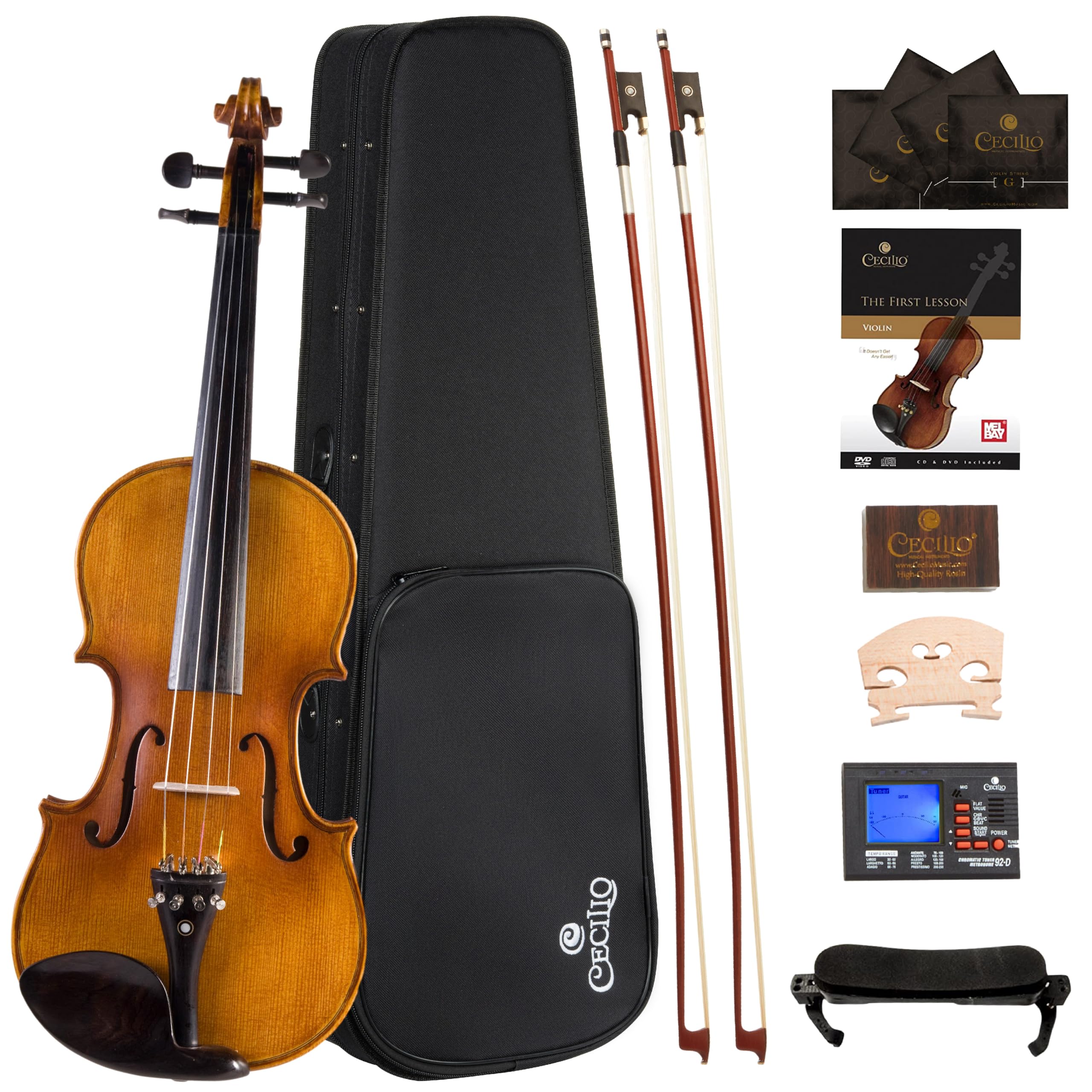 Cecilio Full Size 4/4 Violin with Hard Case & Shoulder Rest – Solidwood Ebony Fitted Violin with Premium Strings, Ideal for Beginners