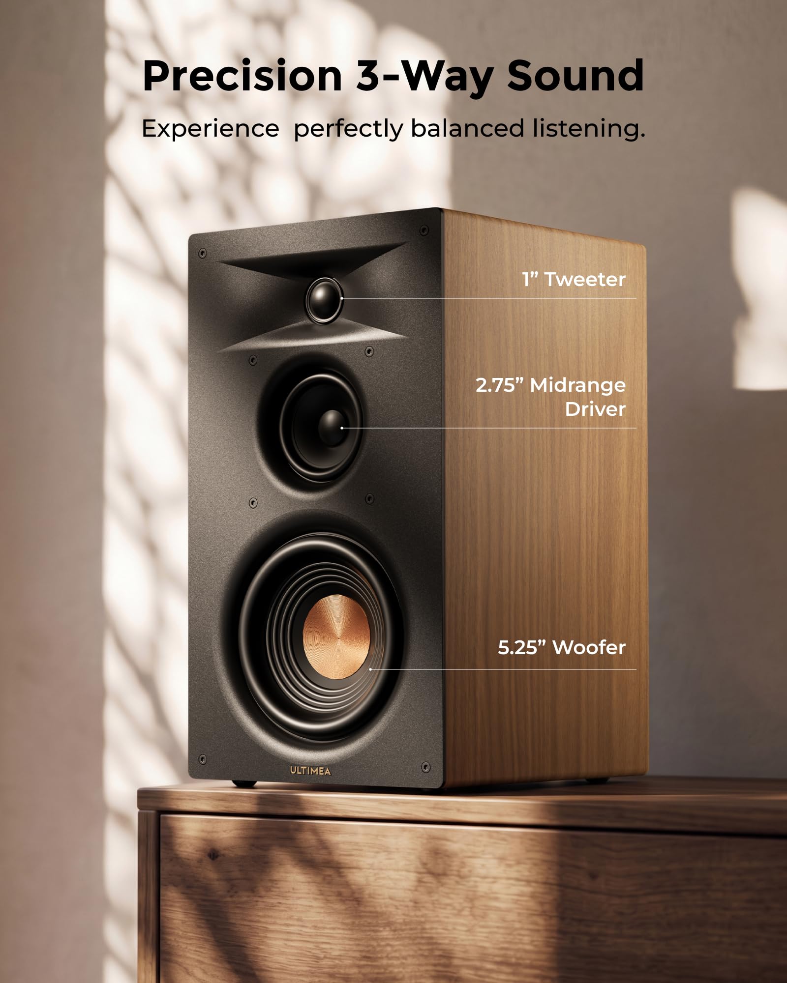 ULTIMEA 3-Way Powered Bookshelf Speakers, Wireless Studio Monitors, BS-3