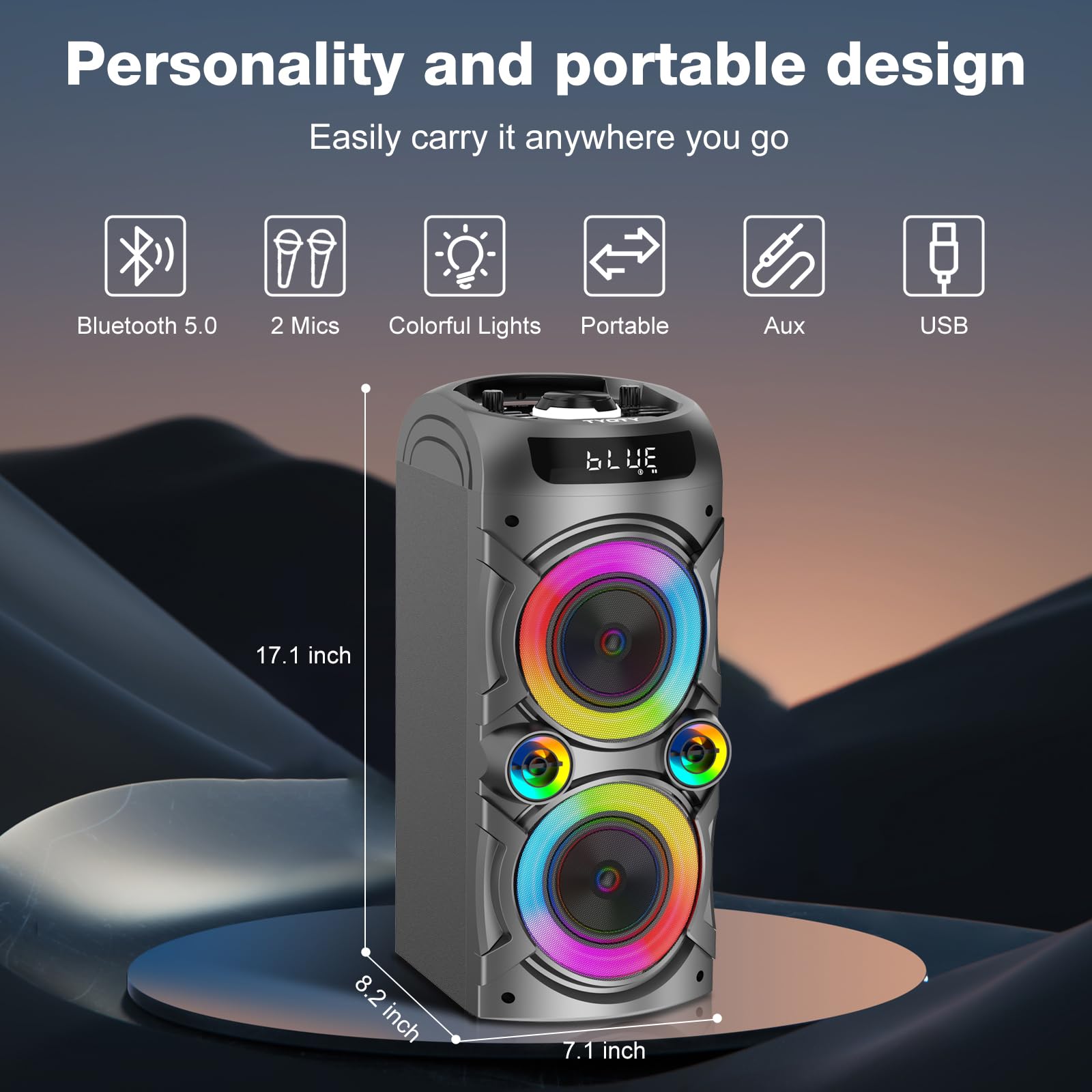 TYOTY Karaoke Machine with 2 Wireless Microphones, Portable PA System Big Bluetooth Speaker with LED Lights, Remote Control Support Bass/Treble Adjustment, TF Card/USB, REC for Adult Kids Home Party