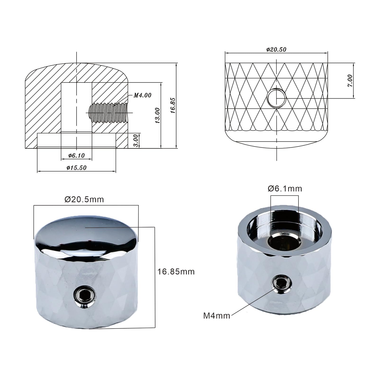 OVSAL 3Pcs Aluminum Alloy Electric Bass Guitar Knobs Speed Control 6.1mm(15/64″) Potentiometer Shaft Dome Metal Volume Tone Knobs for Electric Bass Guitar Replacement Parts (Chrome)