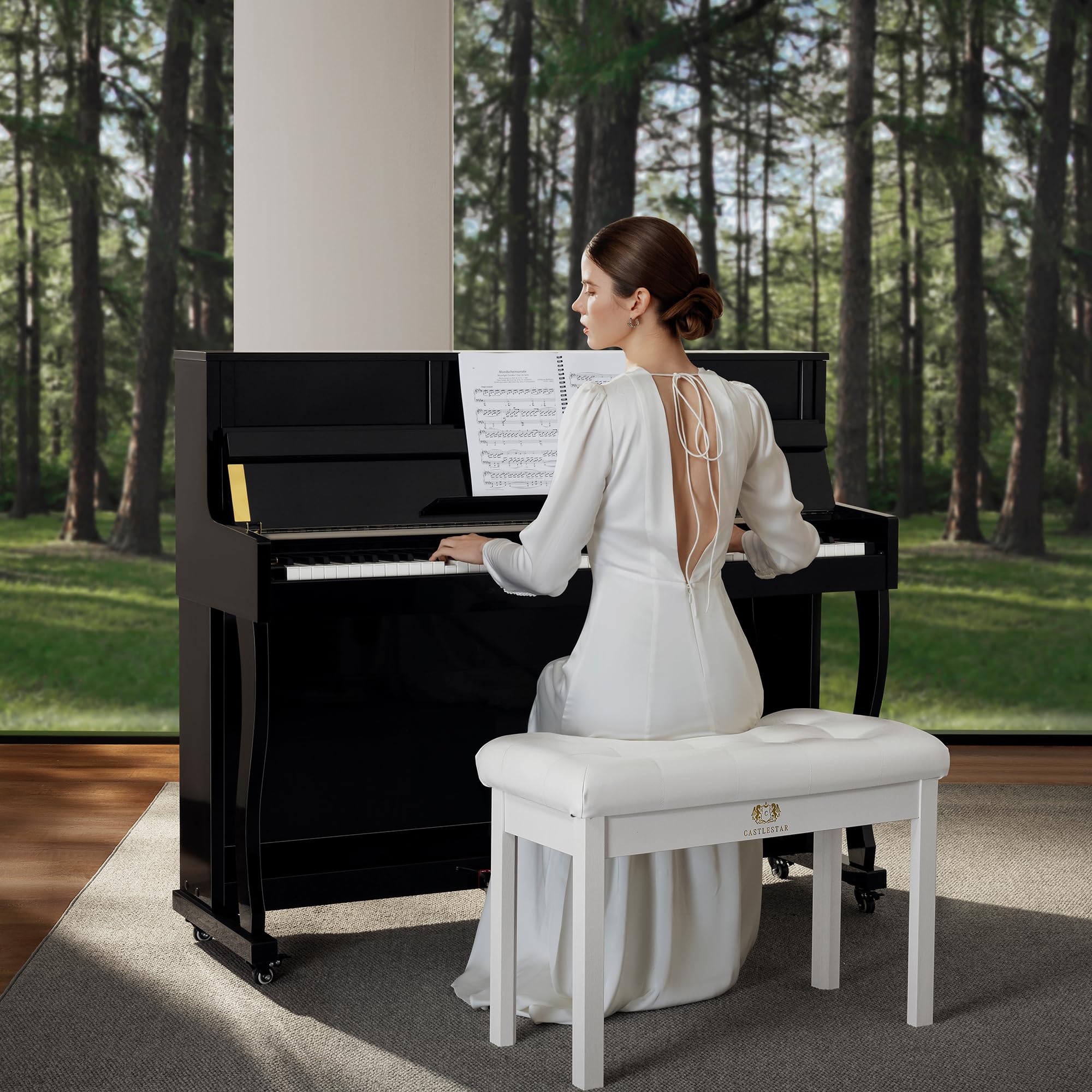 Castlestar Premium Duet Piano Bench with Storage – 3 Inches Plush PU Leather Seat, Solid Wooden Legs, Comfortable Piano Seat for Two – White