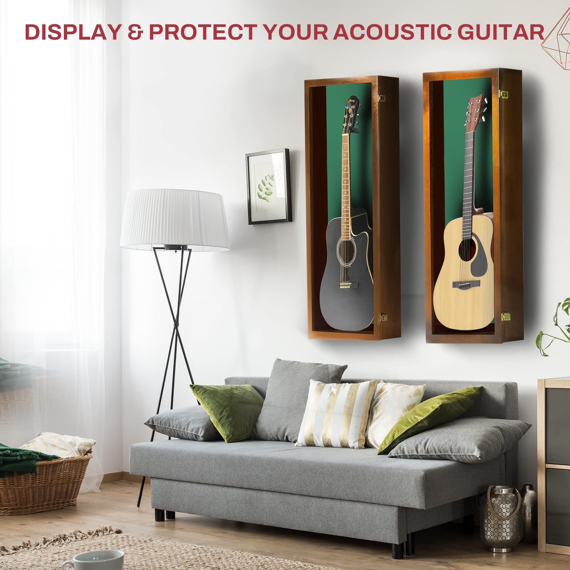 PENNZONI Acoustic Guitar Display Case – Acrylic Acoustic Guitar Case – Guitar Display Case Wall Mount Made from Hardwood Frame & Clear Acrylic – Walnut w/Felt Green