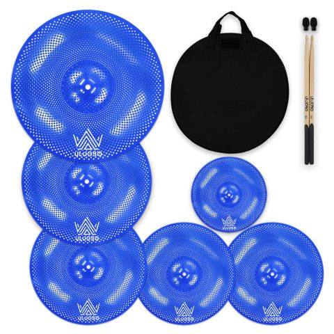 ULUOBO Low Volume Cymbal Pack 6 Pieces, Silent Cymbals, Quiet Cymbals Set for Drummer Practice, 10”Splash+14”Hihat+16″Crash+18”Crash+20″Ride, Blue