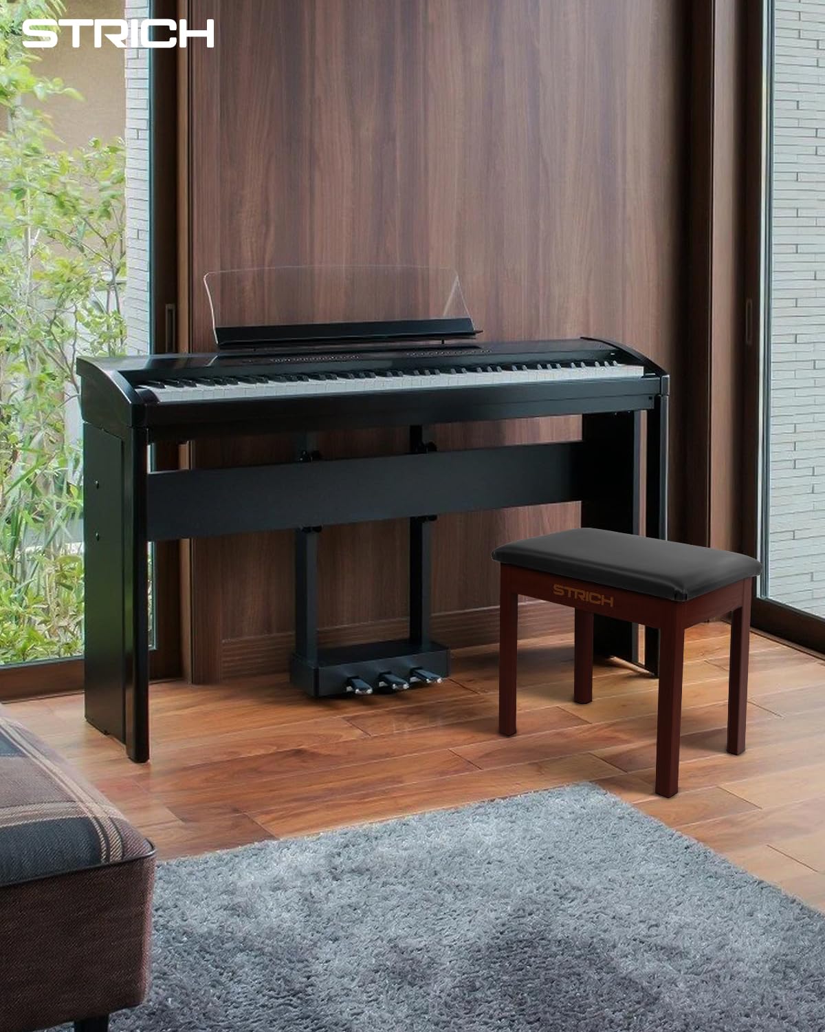 STRICH Piano Bench with Storage, Solid Wood Keyboard Bench Piano Bookcase Stool Chair Seat with Padded Cushion, Deep Brown
