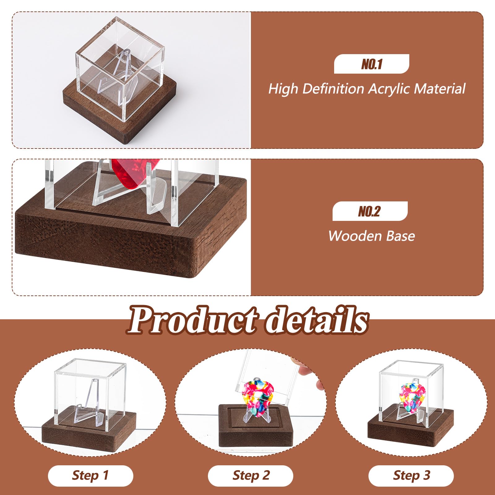 DoubleFill 1 Pcs Acrylic Guitar Pick Display Case with Wooden Base, Walnut