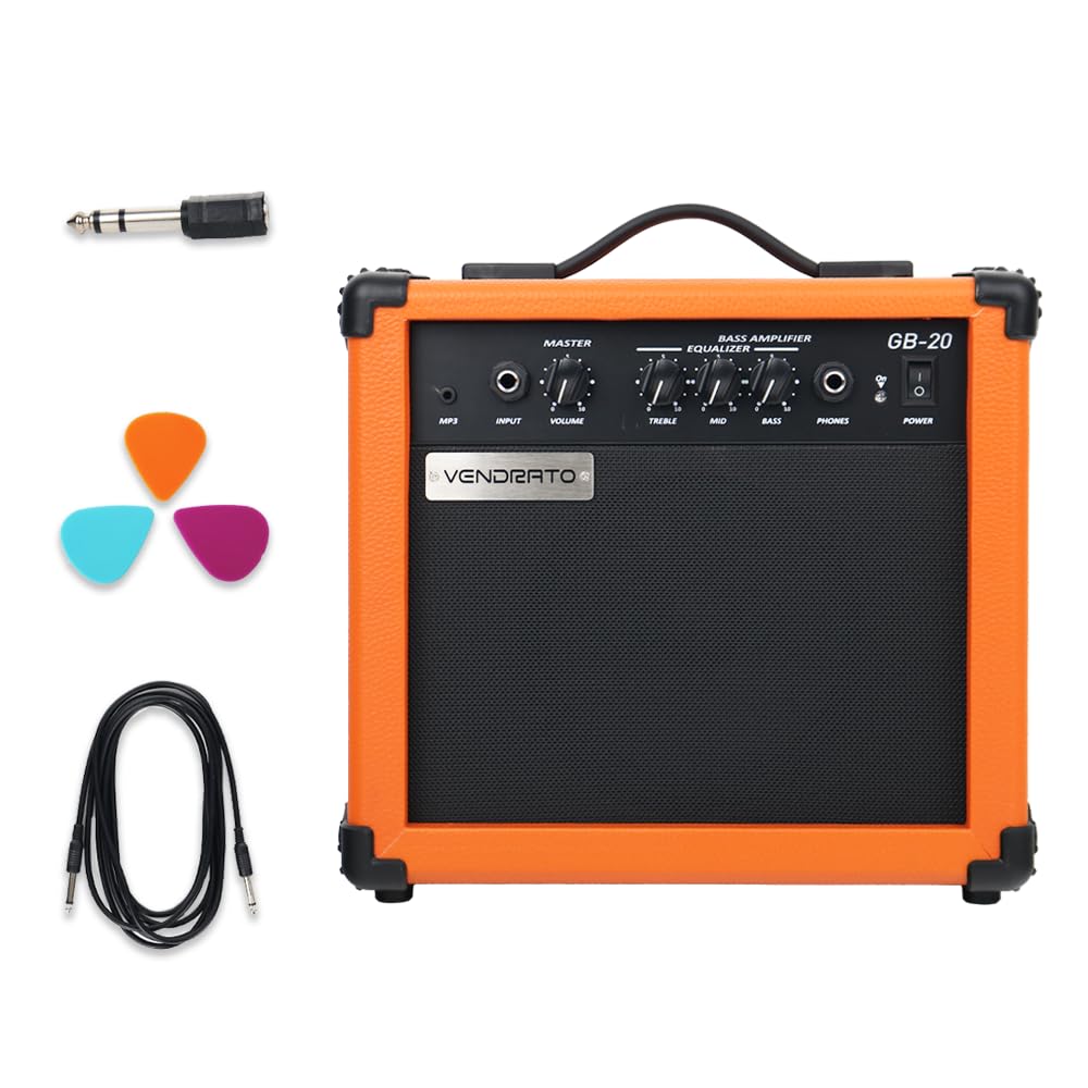Vendrato Electric bass Amplifier 20w amp Orange Color Multi Band Treble Middle bass mp3 Headphone Jack Portable for Starter Beginner Travel Amp Practice noiseless Cable Picks and Adapter with