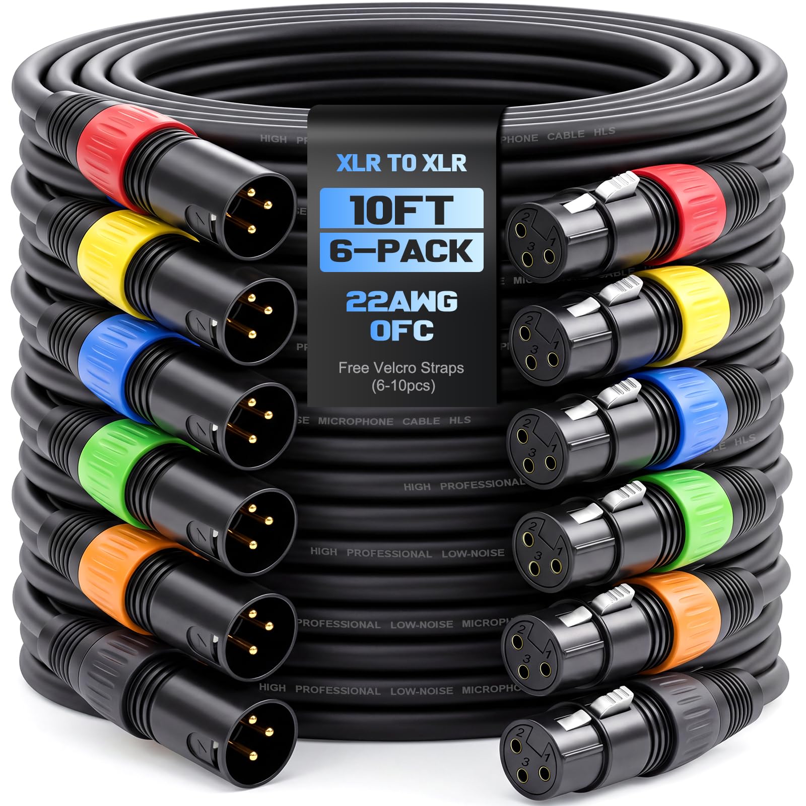 JIYEM 10ft 6-Pack XLR Cables, 3-Pin OFC Cords for Studio, Stage, DMX Mixer