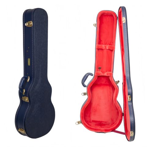 Crossrock Relief Series Les Paul Guitar Case for Single-Cut Electric Guitars | Carved Ocean Blue Finish, Deep Scarlett Velvet Interior, Lock – Premium Wooden Hardshell