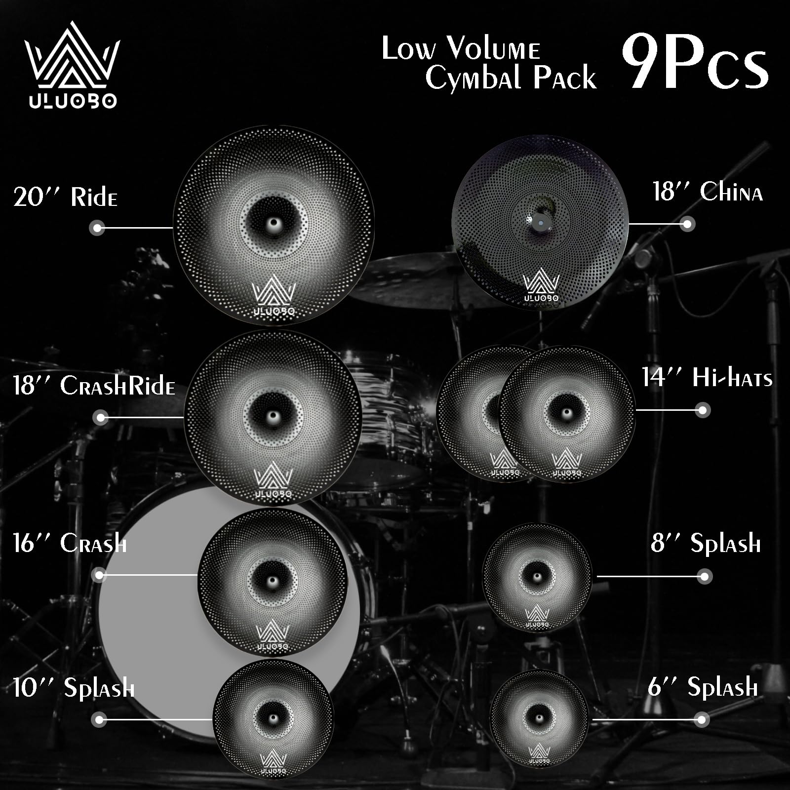 ULUOBO Low Volume Cymbal Pack, Silent Cymbals, Quiet Cymbals Set for Drummer Practice, 6/8/10”Spalsh+14”Hihat+16″Crash+18”Crash+18”China+20″Ride, 9 Pieces, Black