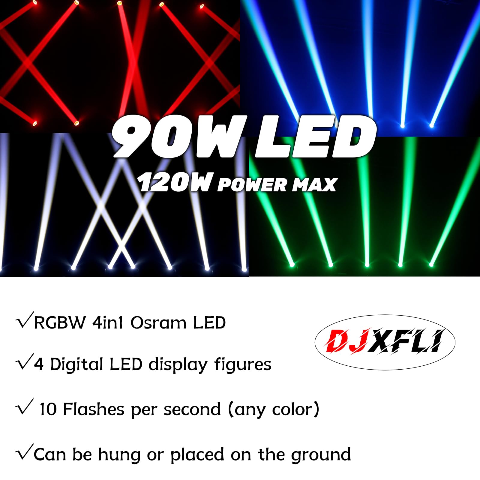 DJXFLI 90W LED Moving Head DJ Lights Mini Beam Stage Lights Super Bright Spot RGBW 4IN1 DMX 512 13CH Sound-Activated for Wedding DJ Party Stage Lighting (75W, 2)
