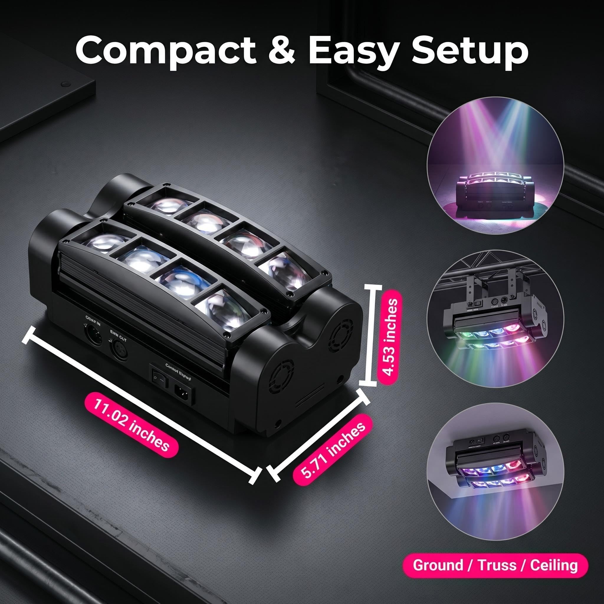 JCYW FLODY 8x10W Spider Moving Head DJ Light, RGBW LED Stage Light 2 Packs