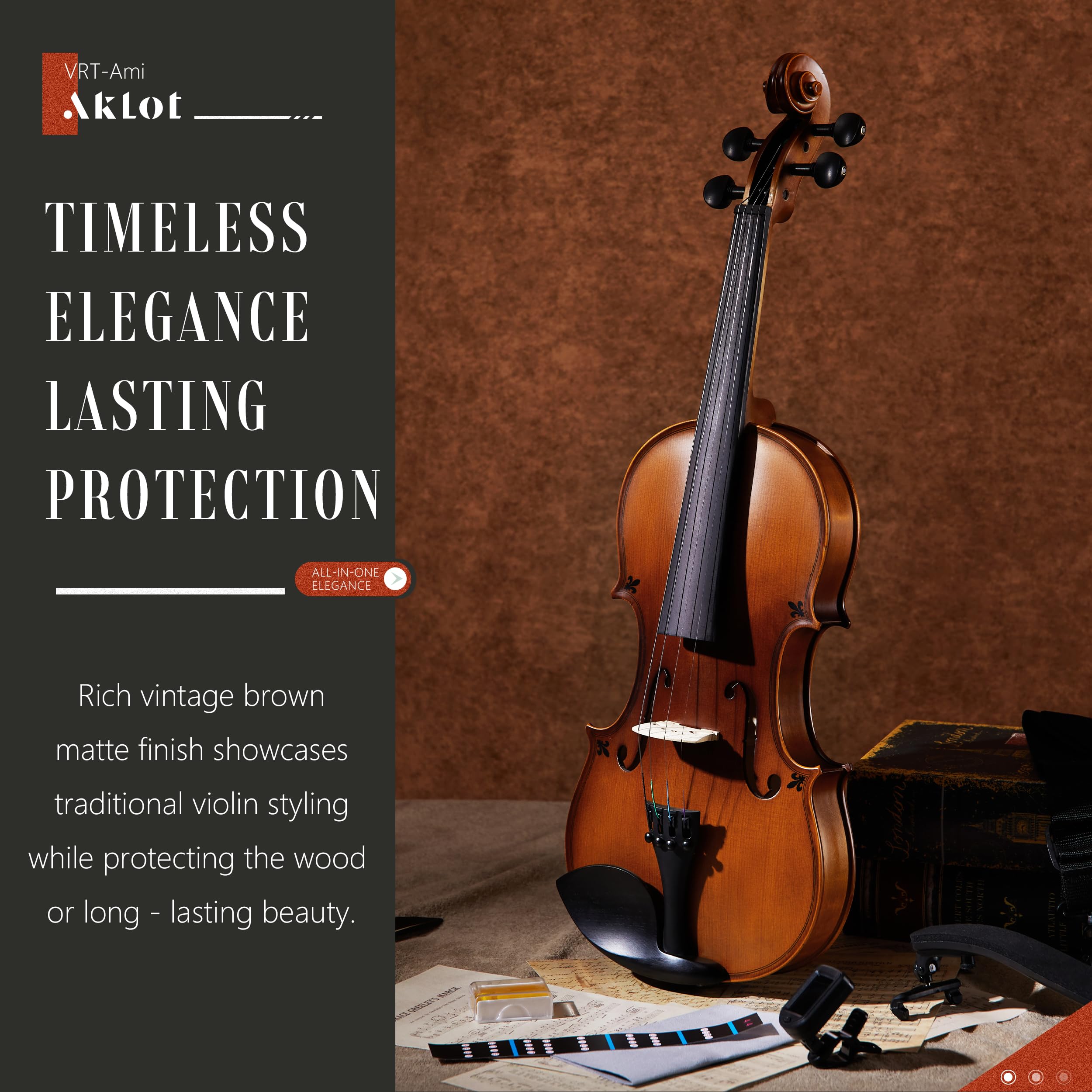 AKLOT Handcrafted Full Size Violin: Solid Wood Matte Fiddle, Acoustic Beginner 4/4 Violin Kit with Hard Case, Lesson Book, Bow, Shoulder Rest, Extra Strings, Tuner, Fretboard Stickers (VRT-AmiMS)