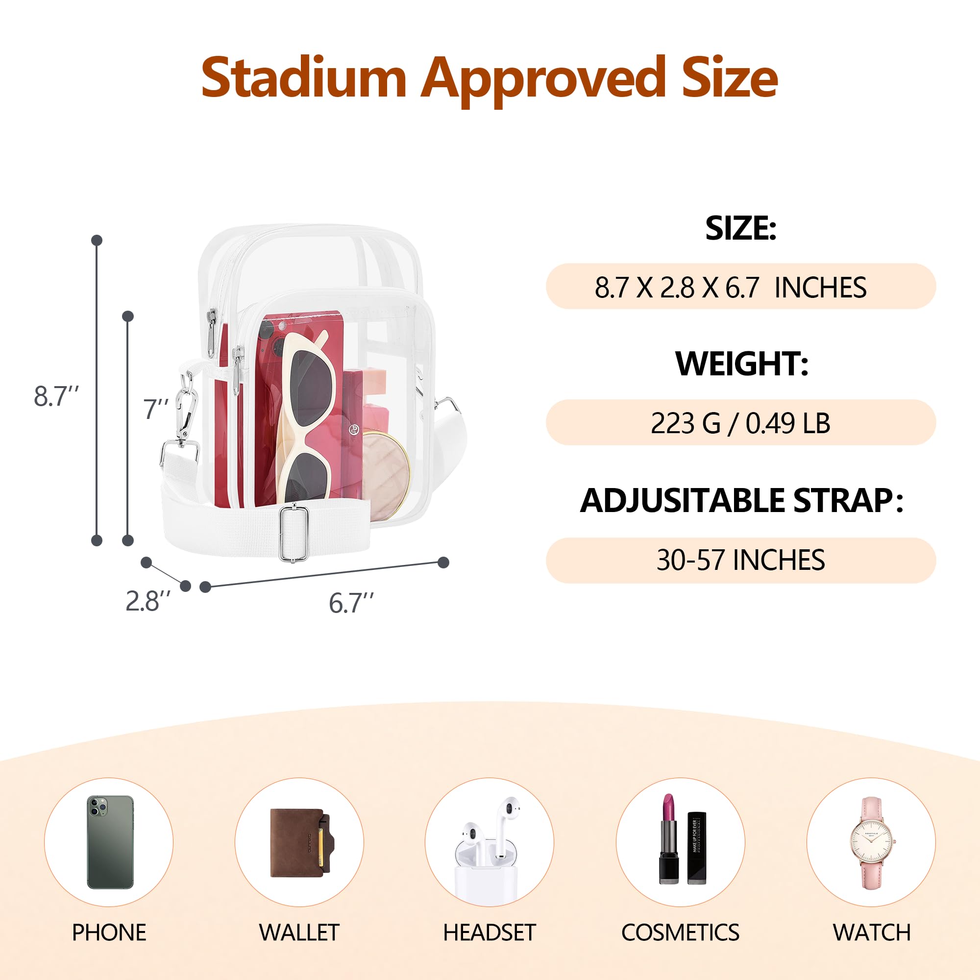 Bagenius Clear Bag for Stadium Events, Stadium Approved Clear Purse, White