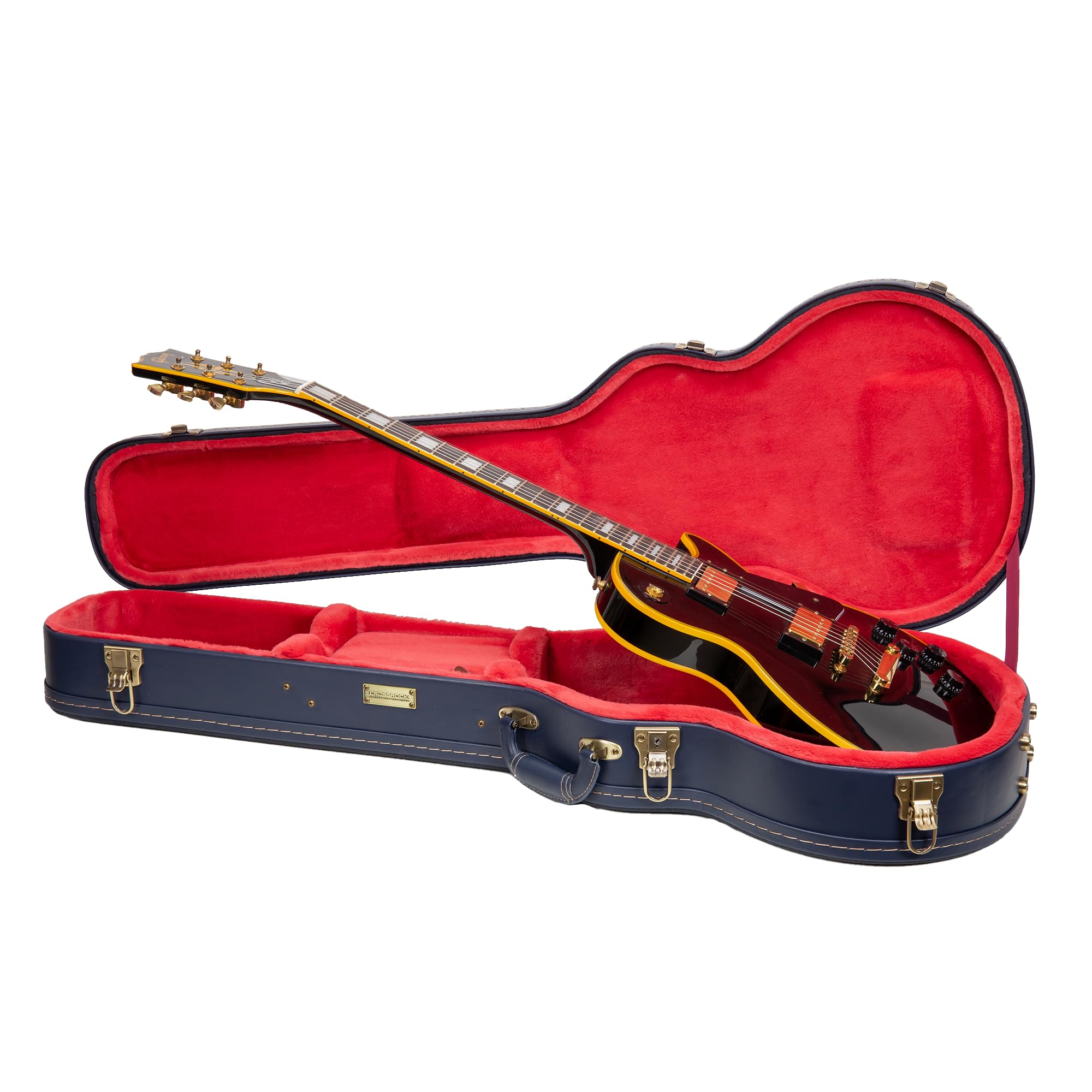 Crossrock Relief Series Les Paul Guitar Case for Single-Cut Electric Guitars | Carved Ocean Blue Finish, Deep Scarlett Velvet Interior, Lock – Premium Wooden Hardshell