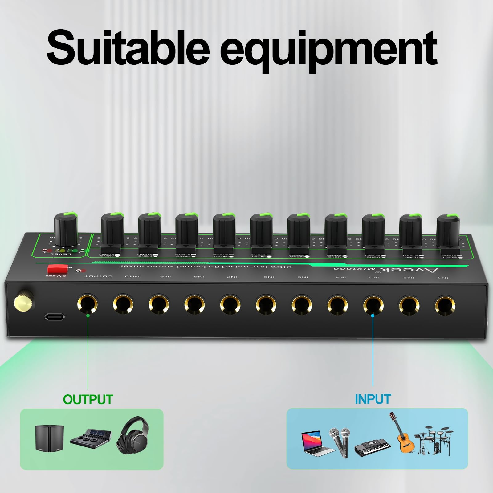 Aveek Mini Audio Mixer, Ultra-Low-Noise 10 Channel Stereo Line Mixer